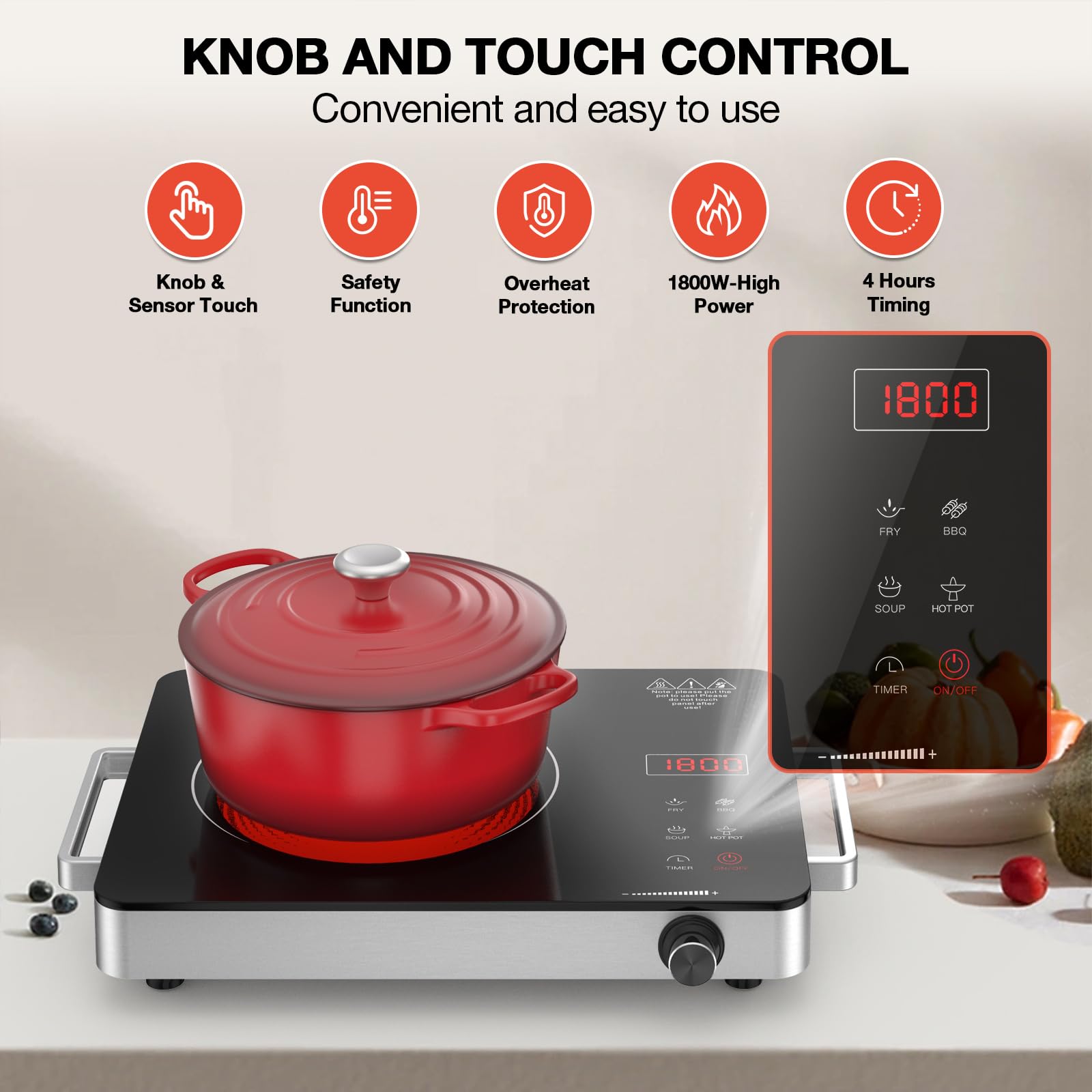 Cocina eléctrica, estufa eléctrica portátil de 1800 W con enchufe, encimera de placa caliente, quemador infrarrojo de 110 V-120 V, bloqueo de seguridad para niños, temporizador, control táctil y 3