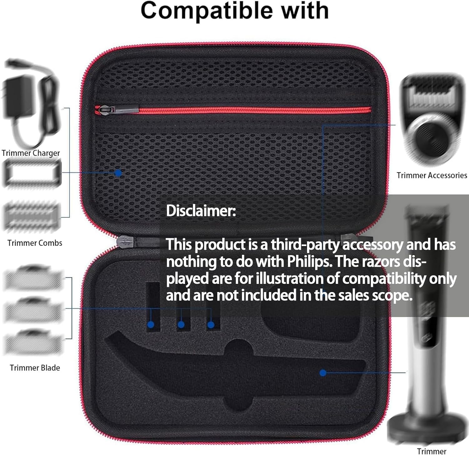 LinMei Travel Trimmer Case Compatible with One Blade QP6510/70 QP6520/70 Pro Wet Dry Electric Shaver Hard Portable Storage Carrying Case for Shavers and Accessories Qp6520 (Red+black) image 4 of 8 B096K8H5RG