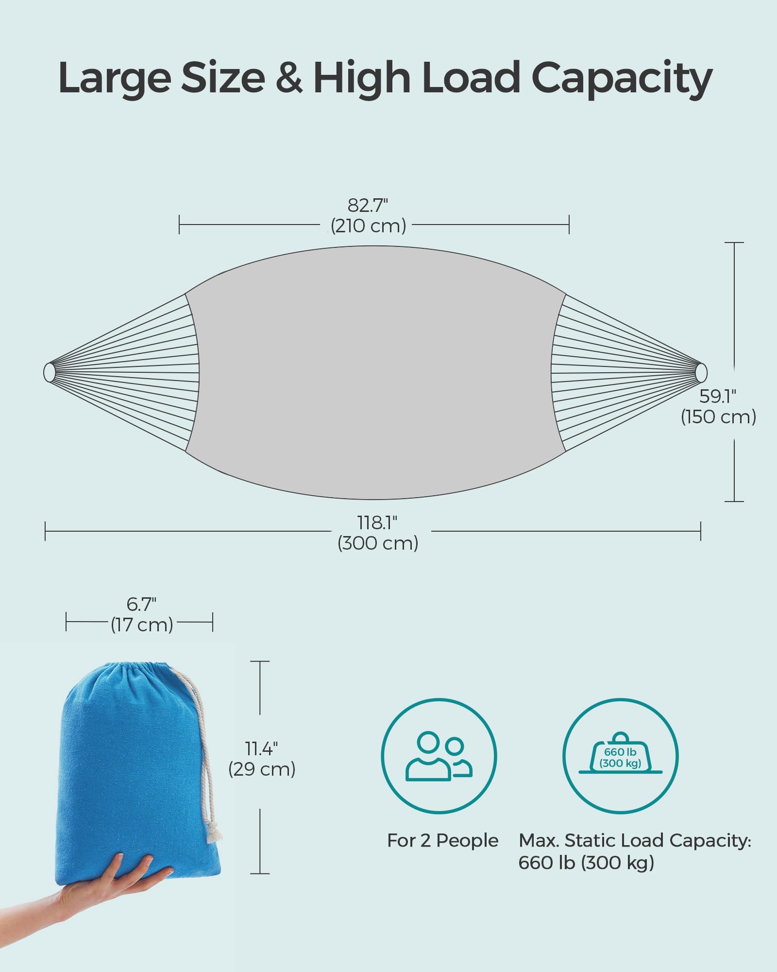 SONGMICS Doppelhängematte 98,4 x 59,1 Zoll 299,4 kg Tragkraft mit Kompressionstasche Befestigungsgurte Karabiner für Terrasse Balkon Garten Outdoor Camping Türkis UGDC15BU
