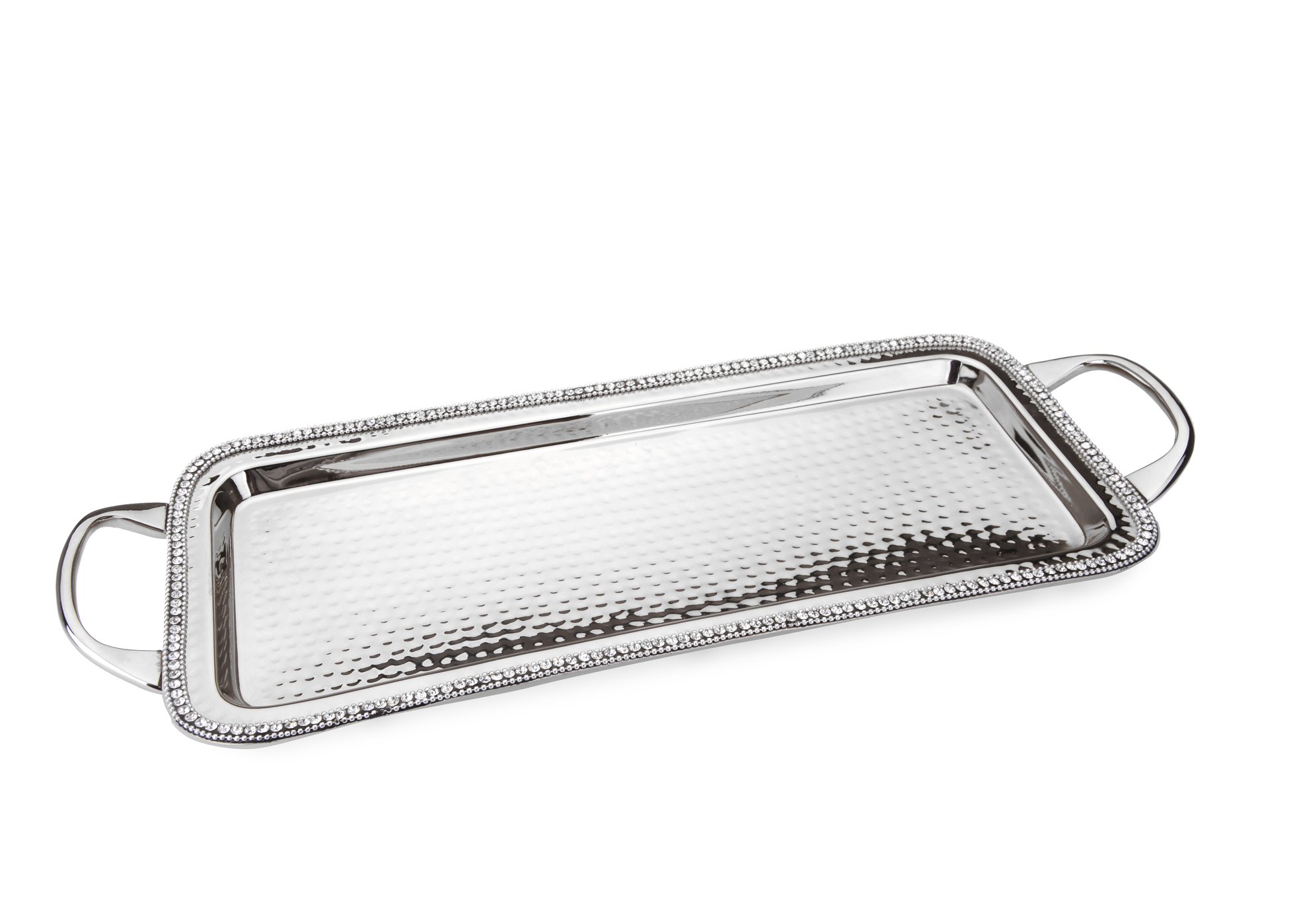 Classic Touch SDT120 Hammered Stainless Steel Rectangular Tray with 2 Handles, Trimmed with Exquisite Diamonds, 20 by 7.5-Inch