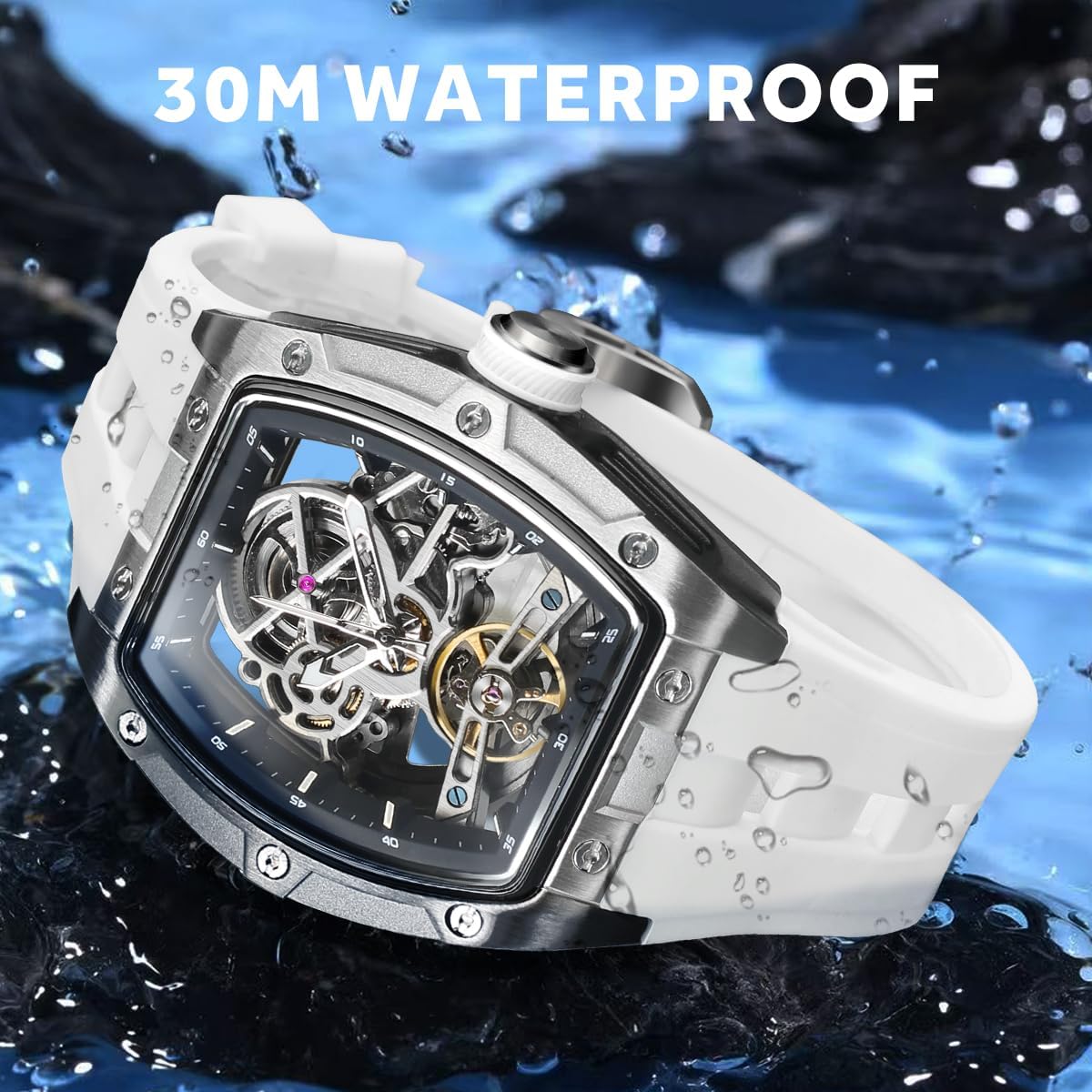 FORSINING Herren-Automatikuhr Tonneau Luxus-Skelettuhren für Herren Mechanische 50 m wasserdichte Analoguhren
