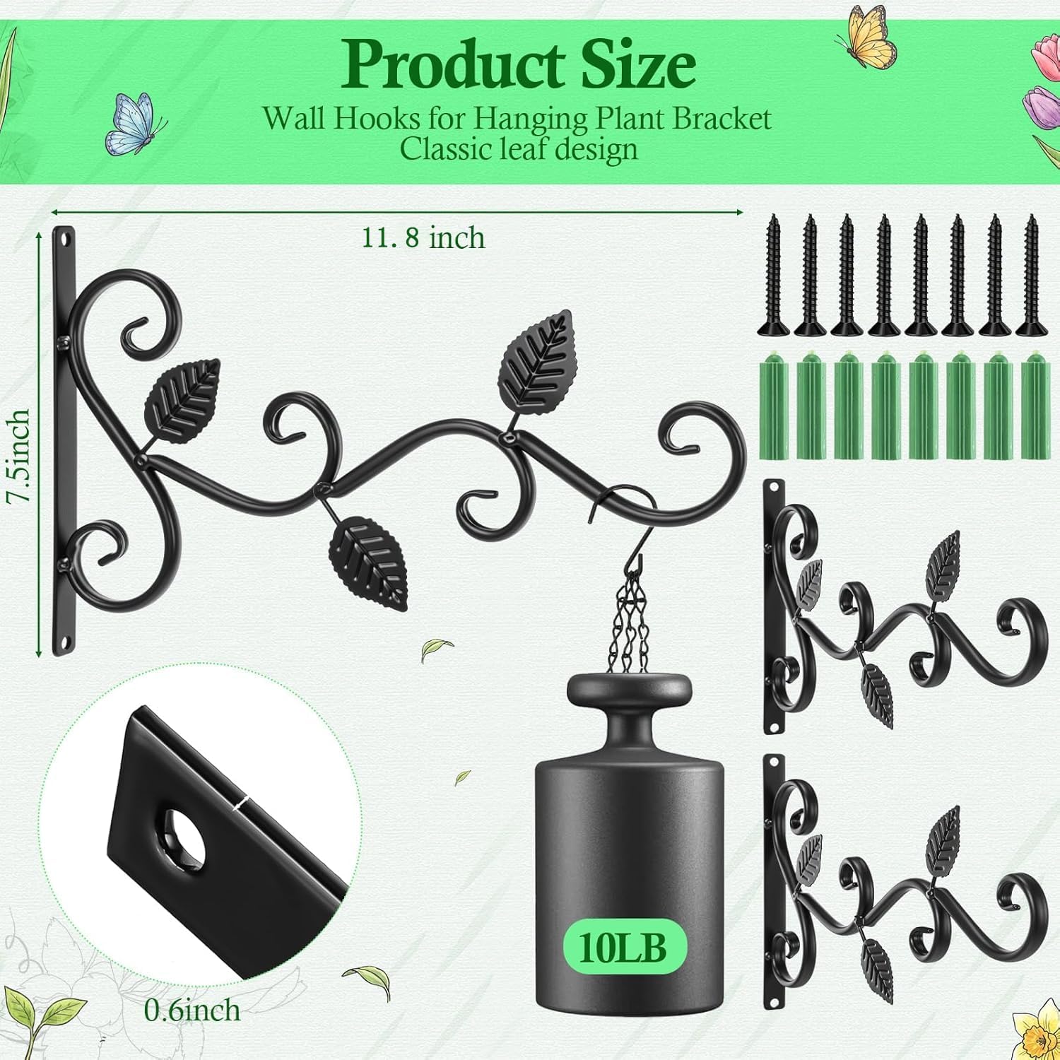 Tandefio 10 Pack Hanging Plant Brackets 10 Inch, Decorative Leaf Outdoor Metal Wall Hooks, Iron Plant Hangers for Bird Feeders, Hanging Baskets, Wind Chimes, Lanterns & Indoor Plants, Black