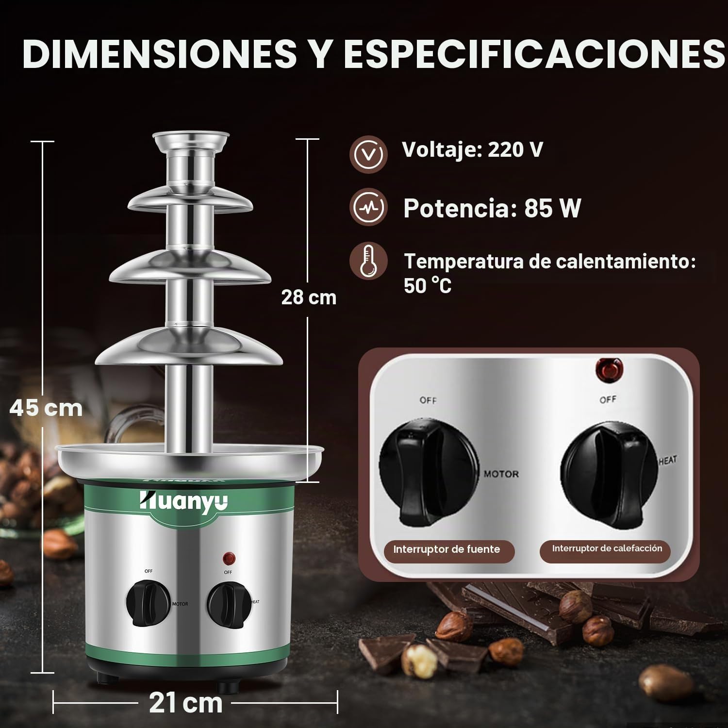 Huanyu Fuente de Chocolate de 4 niveles Grandes Juegos de Fondue para Chocolate Fuente de Chocolate Eléctrica Máquina de Chocolate Juego de Fondue de Chocolate para Fiesta Boda y Cumpleaños