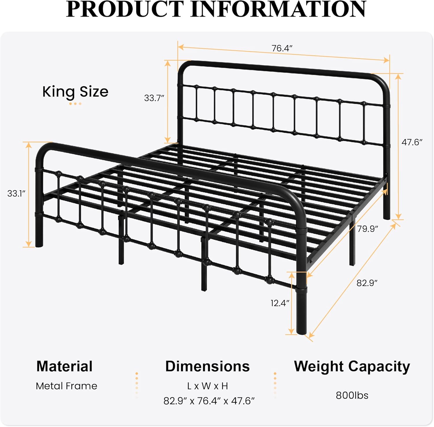 SHA CERLIN King Size Bed Frame Metal Platform Bed with Vintage Style Headboard and Footboard, Heavy Duty Mattress Foundation, No Box Spring Needed, Easy Assembly, Black