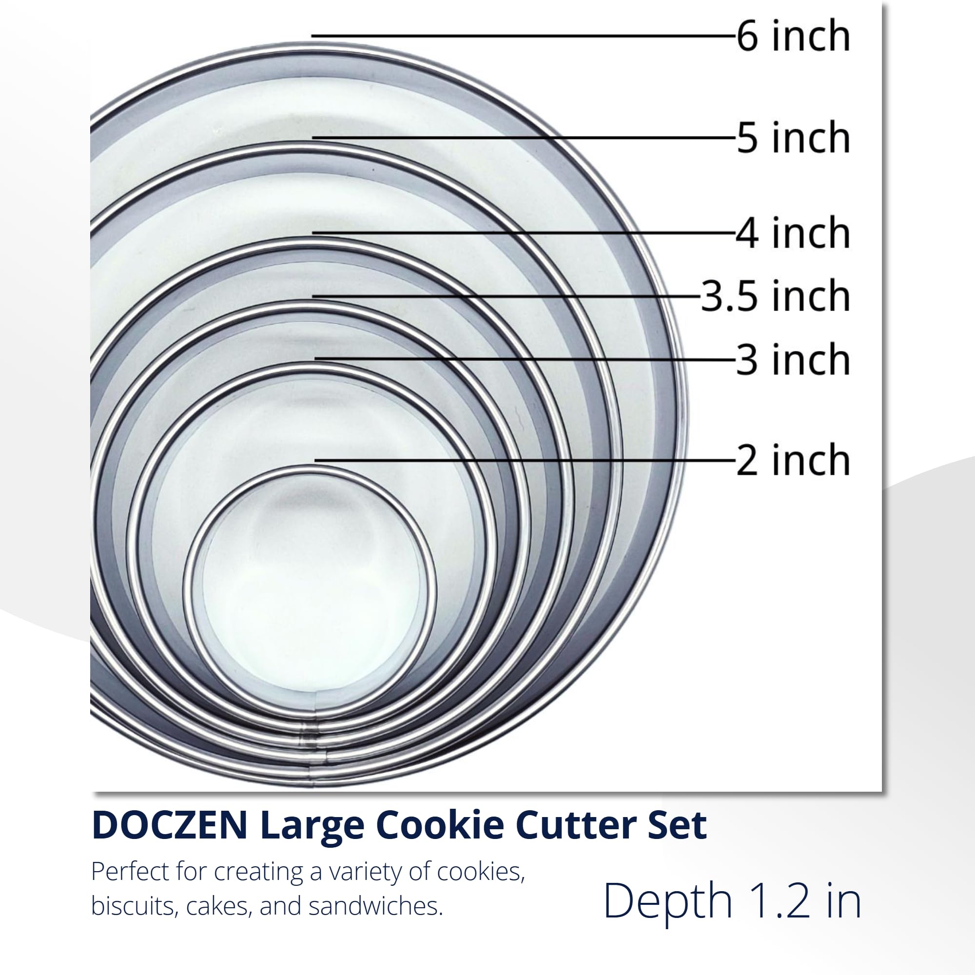 Juego de 6 cortadores redondos de galletas (2, 3, 3.5, 4, 5, 6 pulgadas) DOCZEN grandes cortadores circulares de acero inoxidable para hornear, galletas, pasteles, sándwiches, duraderos y fáciles de