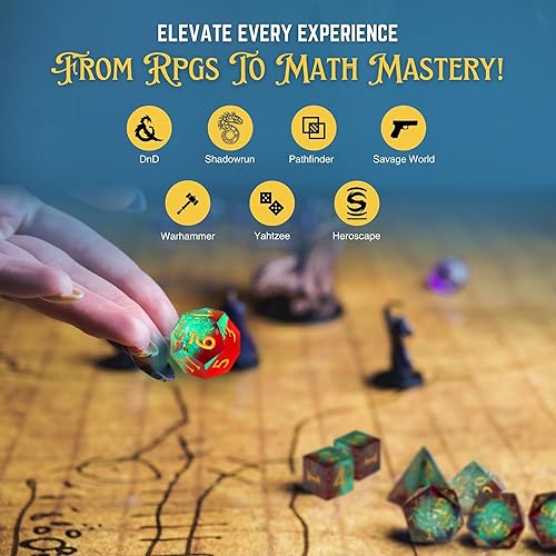 Miniatura 3 de DND - Juego de 7 dados poliédricos de resina de borde afilado para Calabozos y Dragones con bolsa de dados, bandeja de dados y calcomanías (Primal
