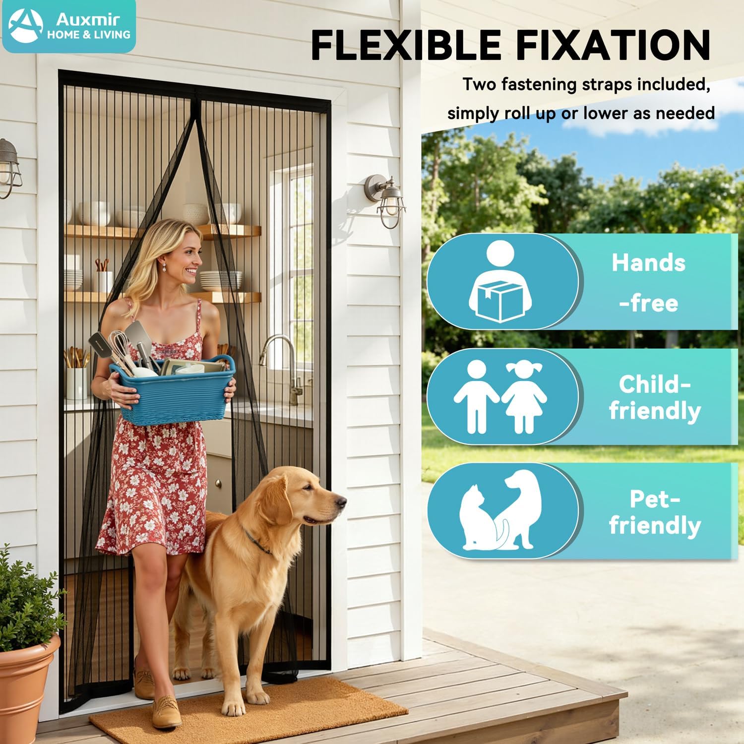 Woman and dog passing through Auxmir Magnetic Mosquito Net Door hands-free
