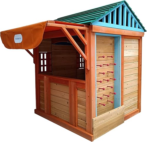 Casa de juegos al aire libre para niños de 3 a 8 años, casa de juegos de madera con 4 ventanas de toldo de juegos, pared de bola, lanzamiento de