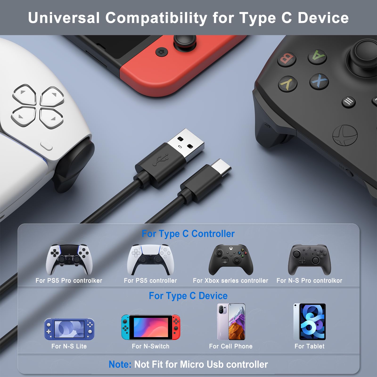 Tobfit Kabel do ładowania do Sony PS5 Controller PlayStation 5, Xbox Series X/S, Switch Pro USB C kabel (1 m)