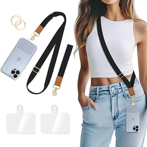 Piefly Correa de muñeca cruzada para teléfono, cordón negro para teléfono celular alrededor del cuello, correa ajustable para teléfono celular,