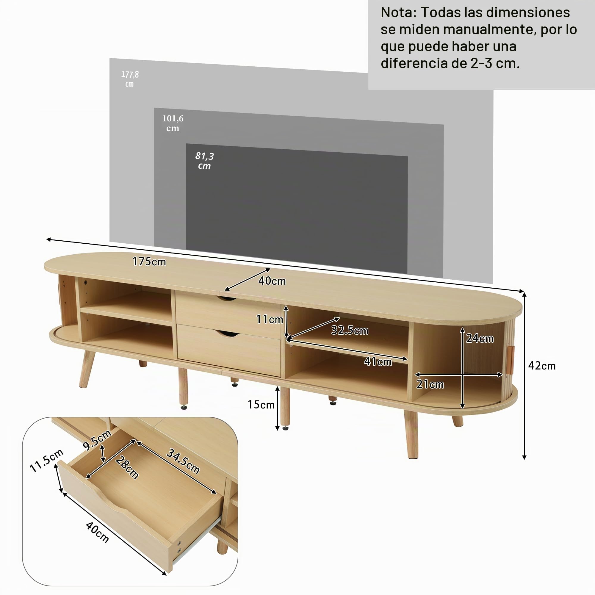 Mueble de TV para salón de 175 x 40 x 42 cm con espacio de almacenamiento, tablero de fibra de densidad media, 2 cajones