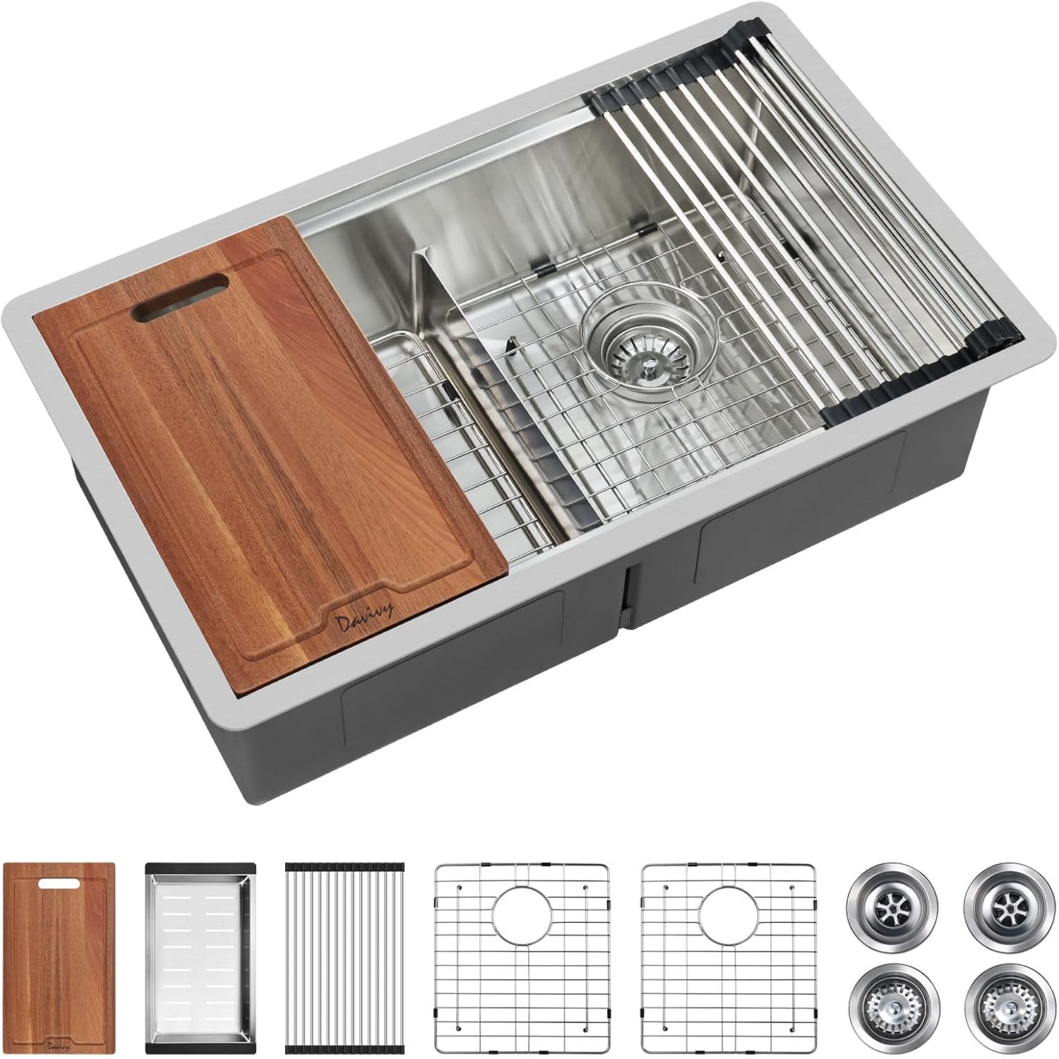 Davivy 30 inch 50/50 Double Bowl Undermount Kitchen Sink, 16 Gauge Stainless Steel Kitchen Sink Workstation, Double Basin with Accessories, Low Divide Design, 30x18x9 Inch