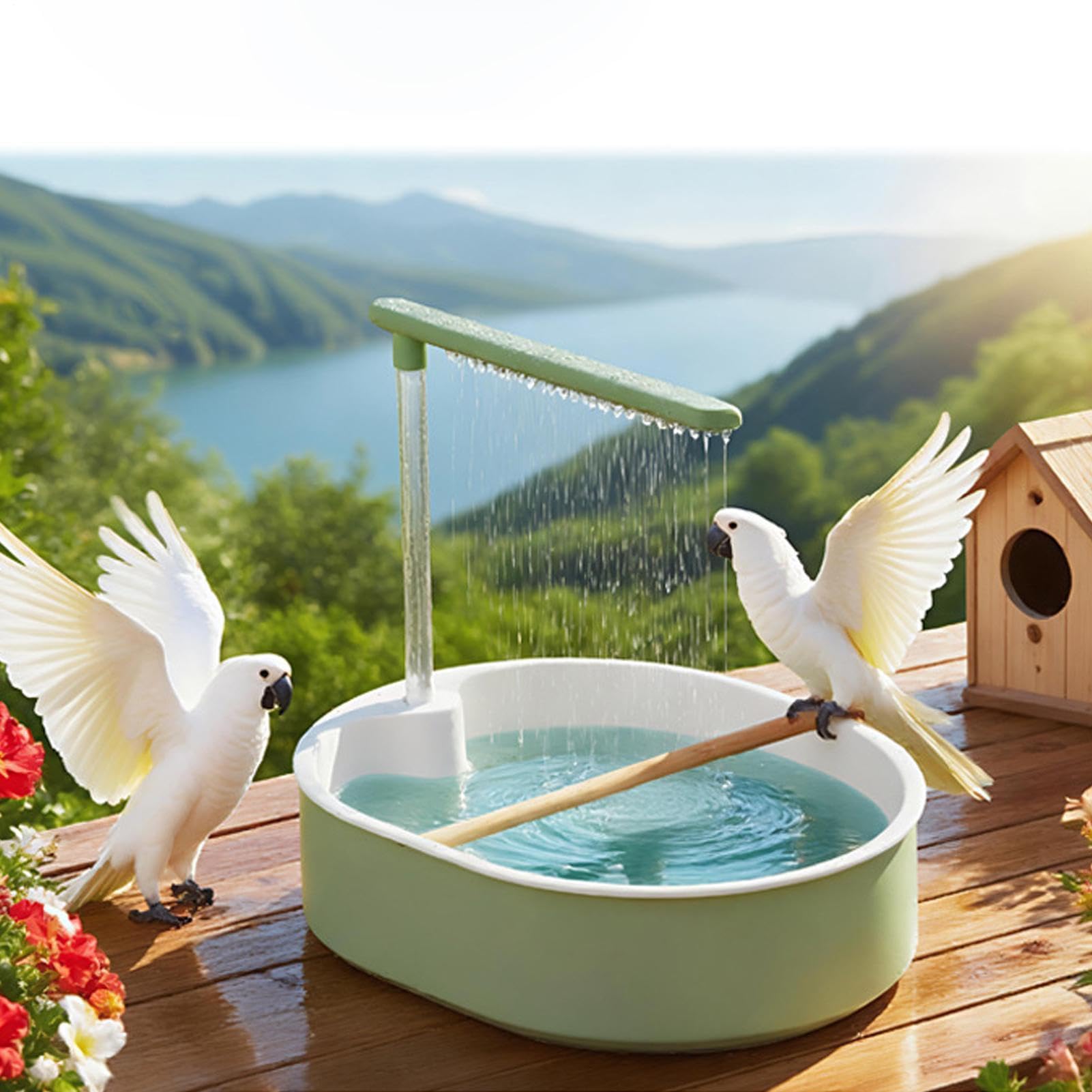 Łazienka dla papug Fontanna na Ptasią Klatkę | Deszczownica dla Ptaszków dla Papug, Nimf, Konur, Amazonek, Kolibrów – do Domu, na Balkon