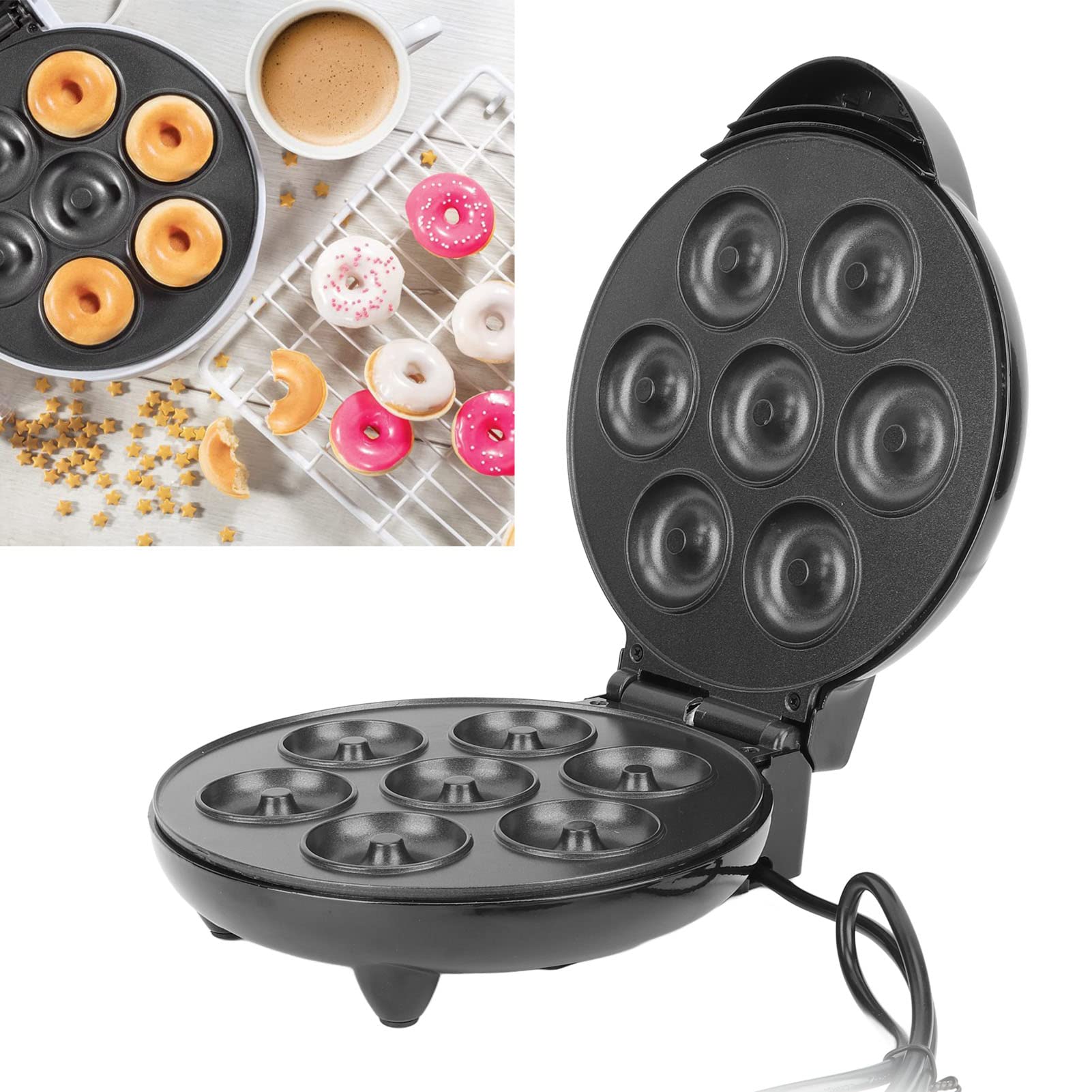 Donut Maker, 1000W Antiadhésive Mini Donut Maker Machine Double Face Heating Electric Donut Maker, Fait 7 Donuts, pour Enfants Petit Déjeuner Collations Desserts (Noir)