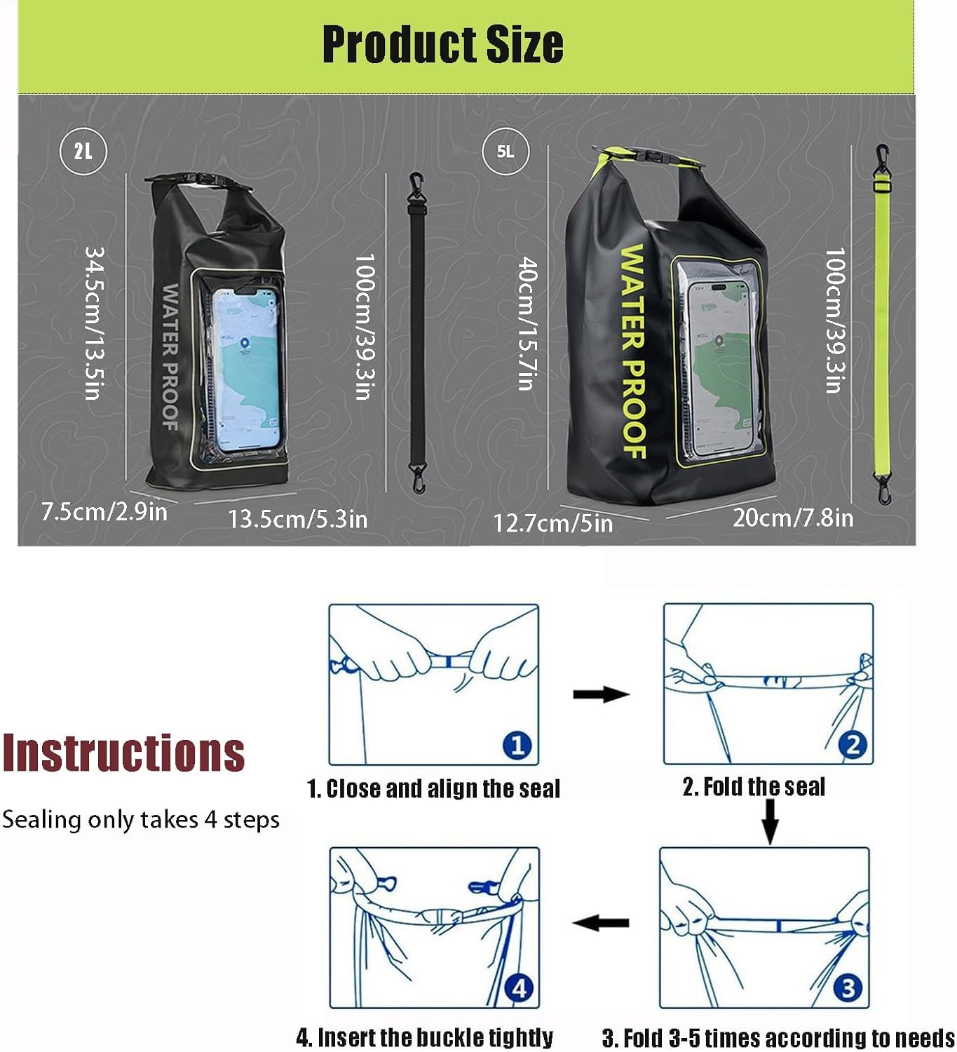 Custodia per Telefono Impermeabile Zaino Impermeabile con Chiusura Arrotolabile 2L/5L con Custodia per Telefono Borsa Impermeabile tattile per Nuoto, Spiaggia e Viaggi,Nero Verde,2L