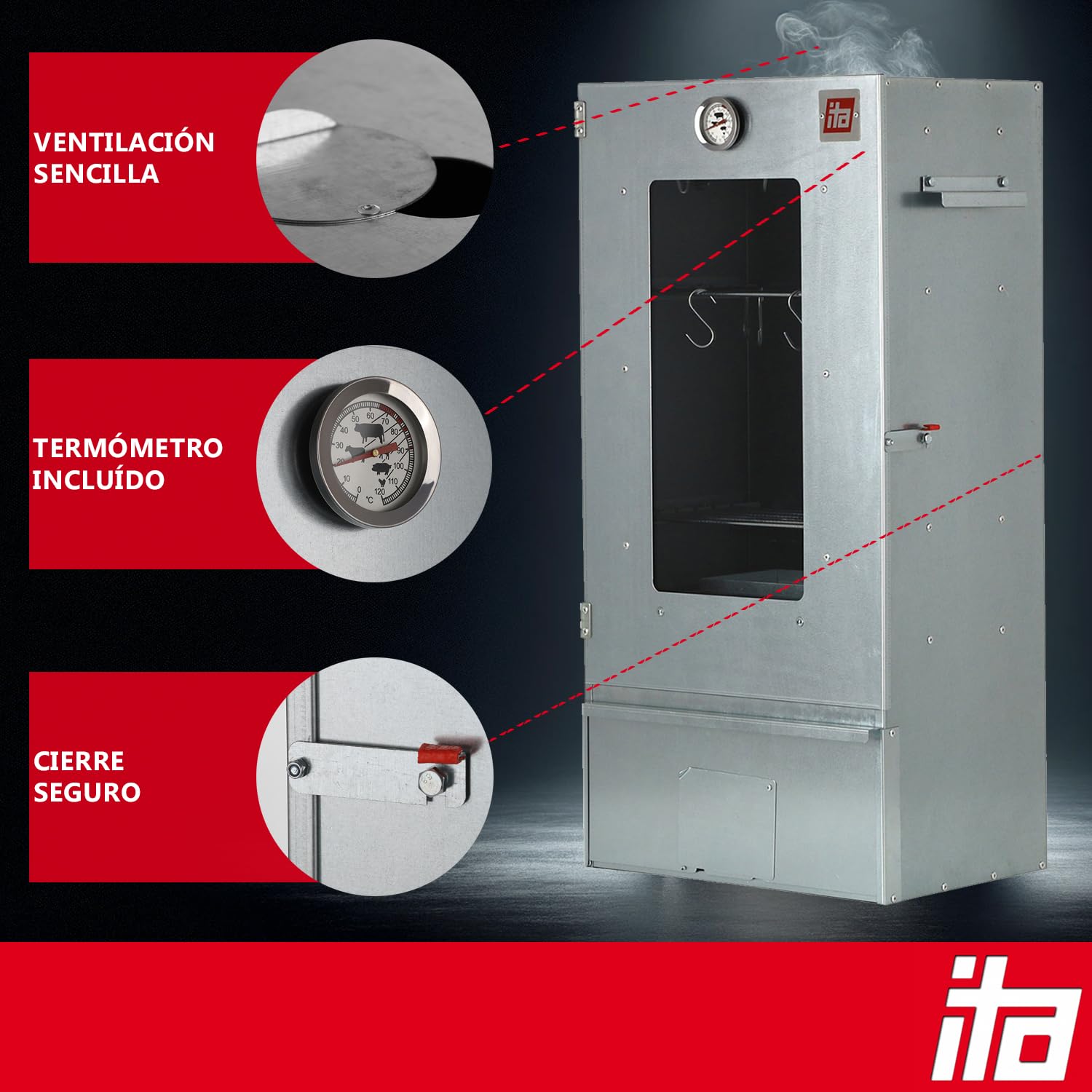 ITA Ahumador Eléctrico 7000 - Set de Ahumado con Calefacción, Mesa, Generador de Humo - Armario Ahumador con Ventana & Termómetro - Acero Aleado - Calidad UE, Directo del Fabricante