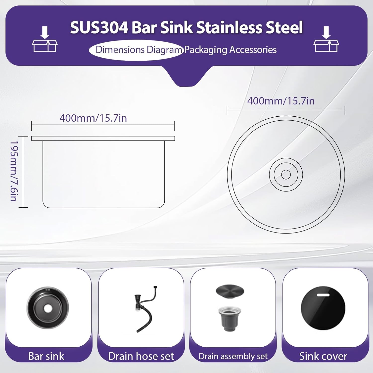 Small Round Bar Sink Black Stainless Steel Prep Sink, Drop In Kitchen Sink For Island, Compact Single Bowl Sink With Drain Cover, Modern Mini Sink For Wet Bar RV Outdoor Kitchen Use(40cm)