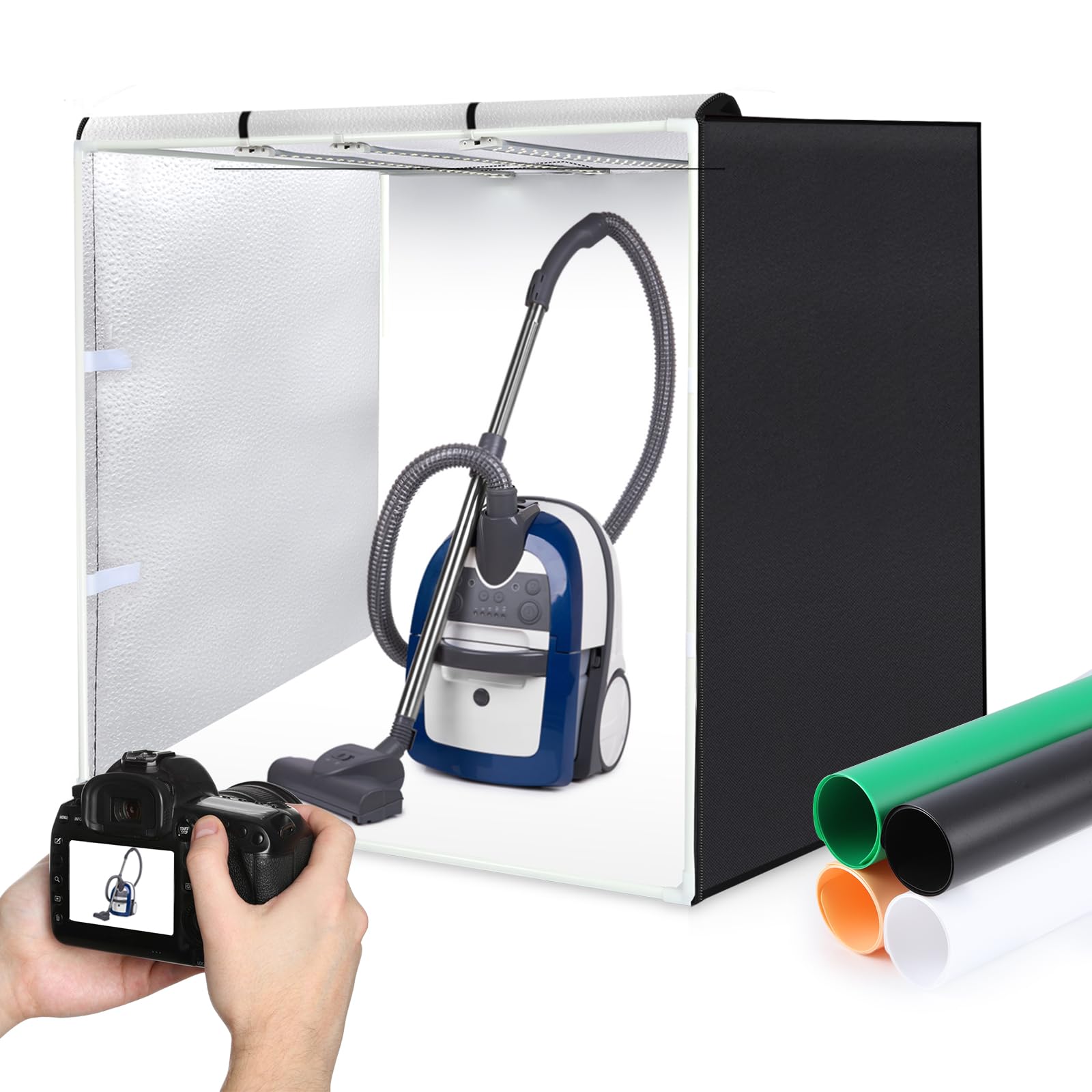 PULUZ Boîte de studio photo professionnelle 80 x 80 cm avec 3 bandes lumineuses LED mobiles et à intensité variable (90 W, 5600 K), 4 arrière-plans en PVC et sac de transport – Tente lumineuse pour