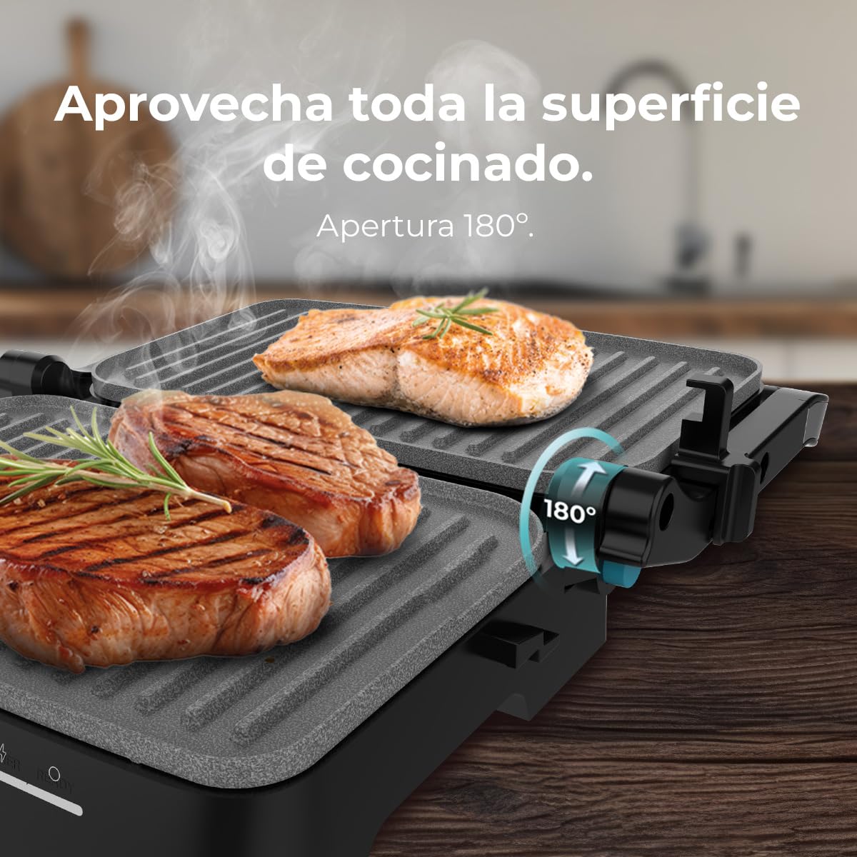 Cecotec Parrilla Eléctrica con Grill Rock'nGrill 2000 Full Open. 2000W, Apertura 180º, RockStone Antiadherente, Placa Flotante, Recogegrasas, Almacenamiento Vertical, Temperatura Regulable, 279x229mm