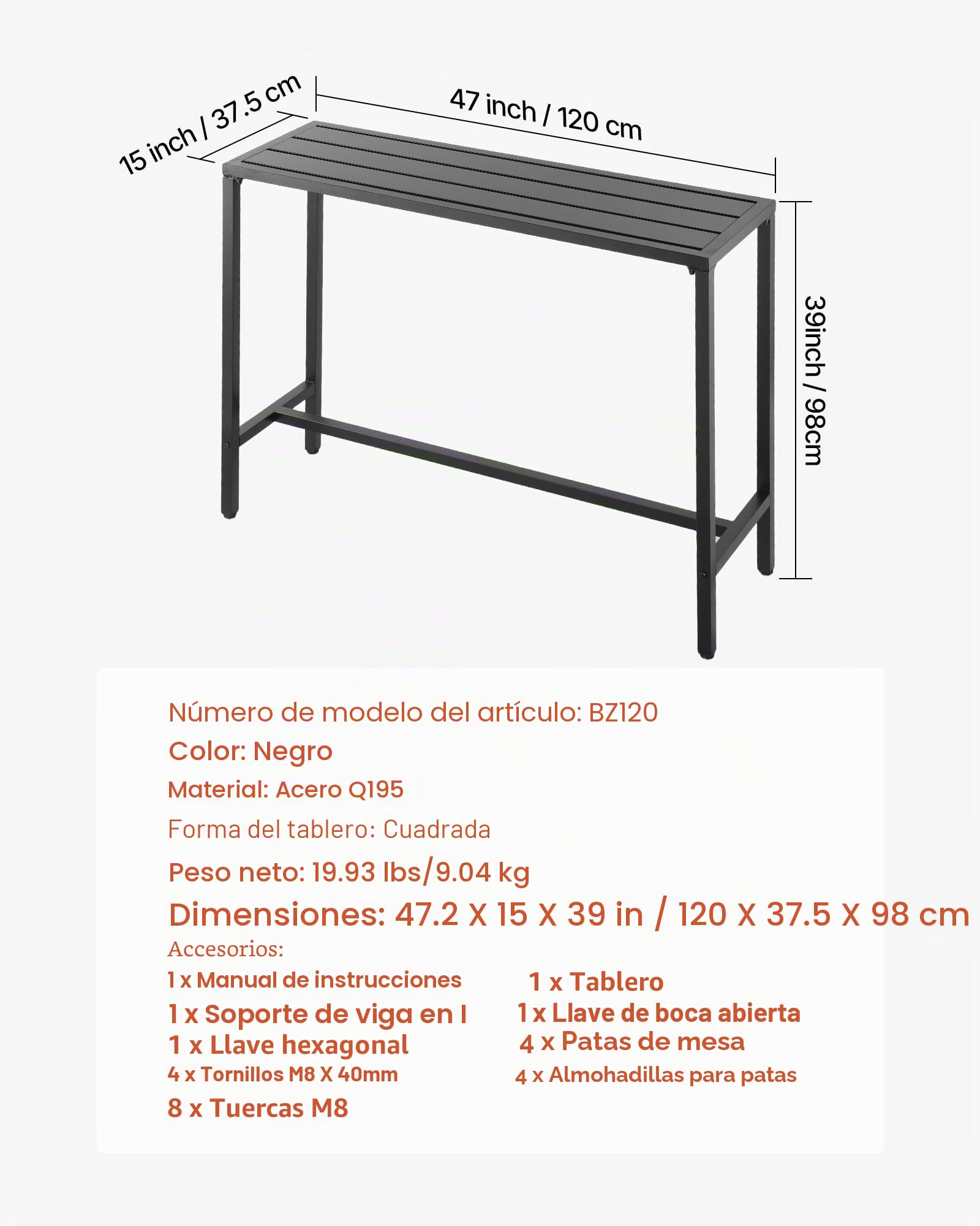 VEVOR Mesa Alta de Bar de Exterior, 1200 x 375 x 980 mm, Mesa de Comedor Rectangular con Tablero Impermeable y Estructura de Metal Resistente, Mueble de Jardín para Patio, Terraza, Piscina, Negro