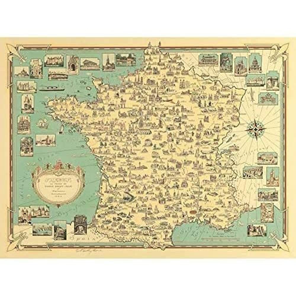 Chase 1935 Pictorial Map France Buildings Art Print Canvas Premium Wall Decor Poster Mural
