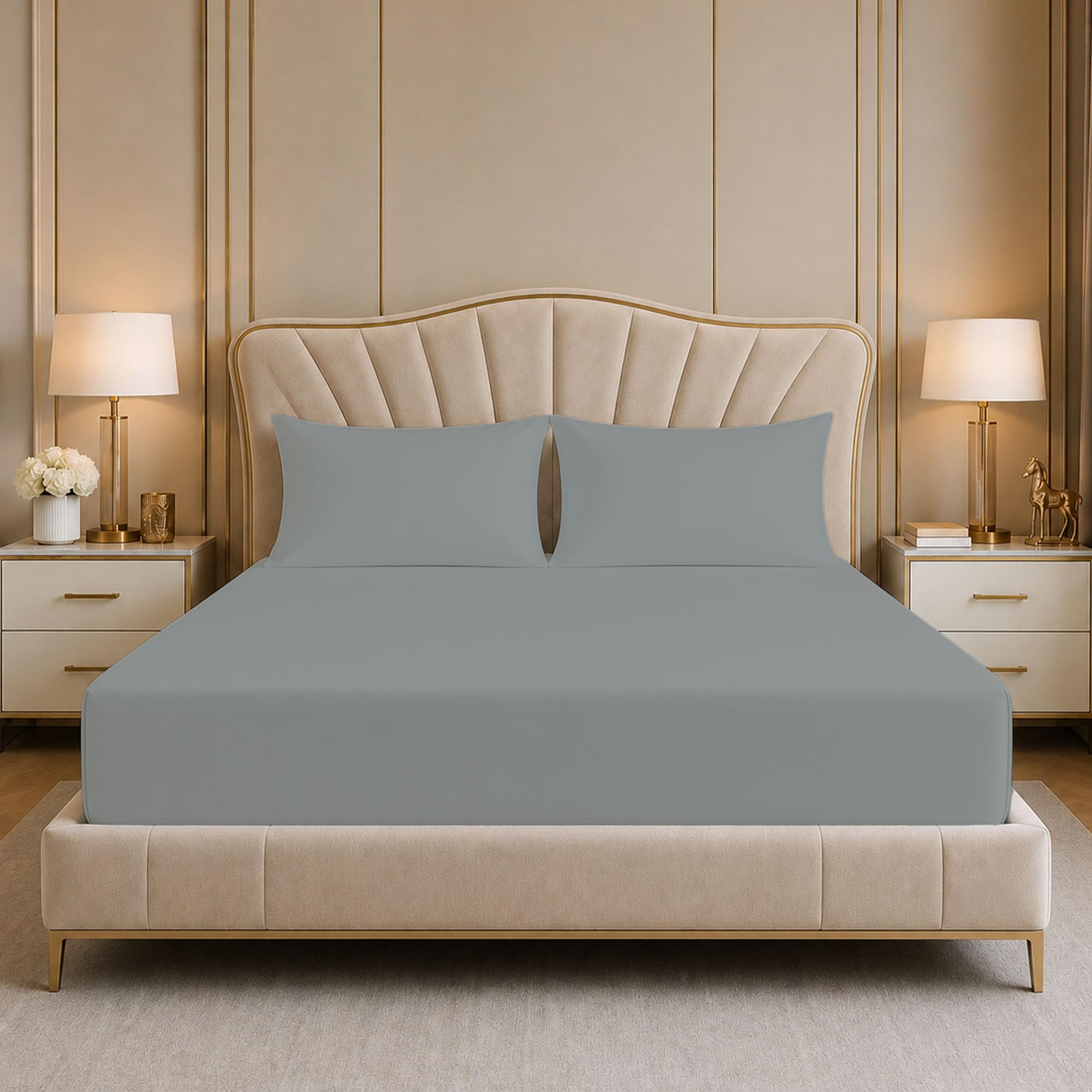 Reliancebedding Grey 3Pcs Double Fitted Sheet Set, 400Tc Egyptian Cotton, 35Cm Depth