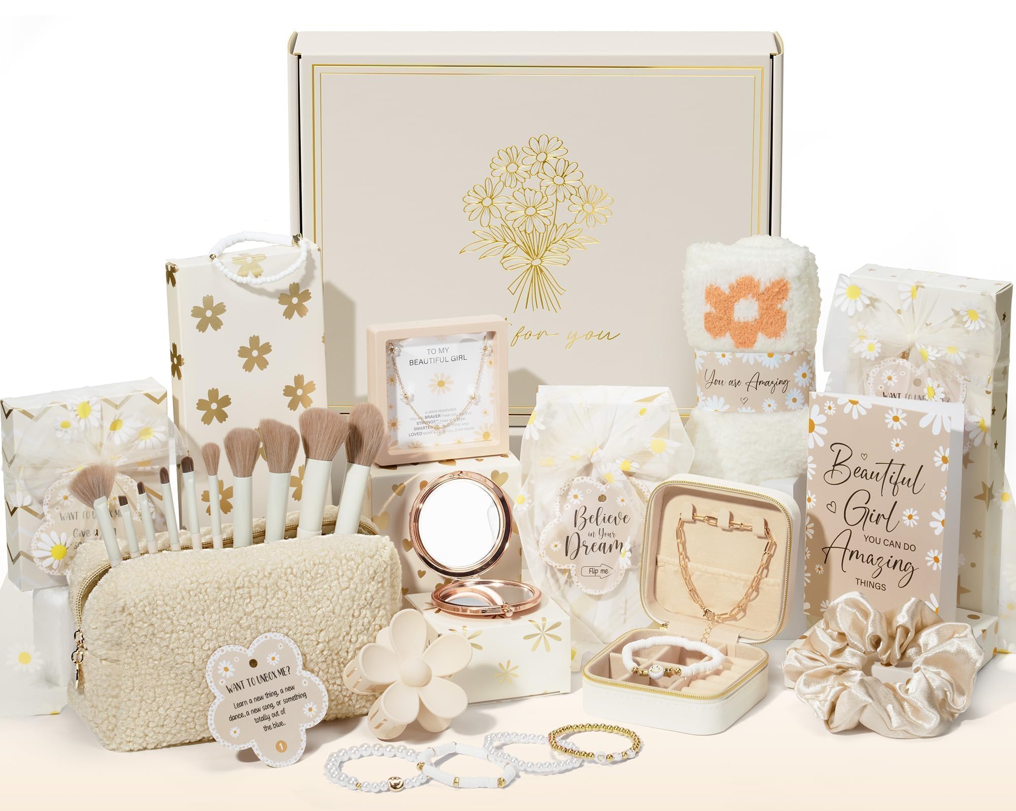 Christmas Gifts for Tween & Teen Girls - 8 PCS Birthday Gift Basket Teenage Teen Girls Trendy Stuff w/ Fun Task Tags Makeup Brushes & Bag, Empower Wrapped Gift Box Stocking Stuffers for Daughter Niece