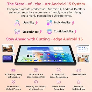 Lpad2S Android 15 Tablet 10 inch,20GB (8+12GB Expanded) RAM 128GB ROM Octa-Core Processor, 5MP + 8MP Dual HD Camera, Widevine L1, 2.4G/5G WiFi,6000mAh Battery