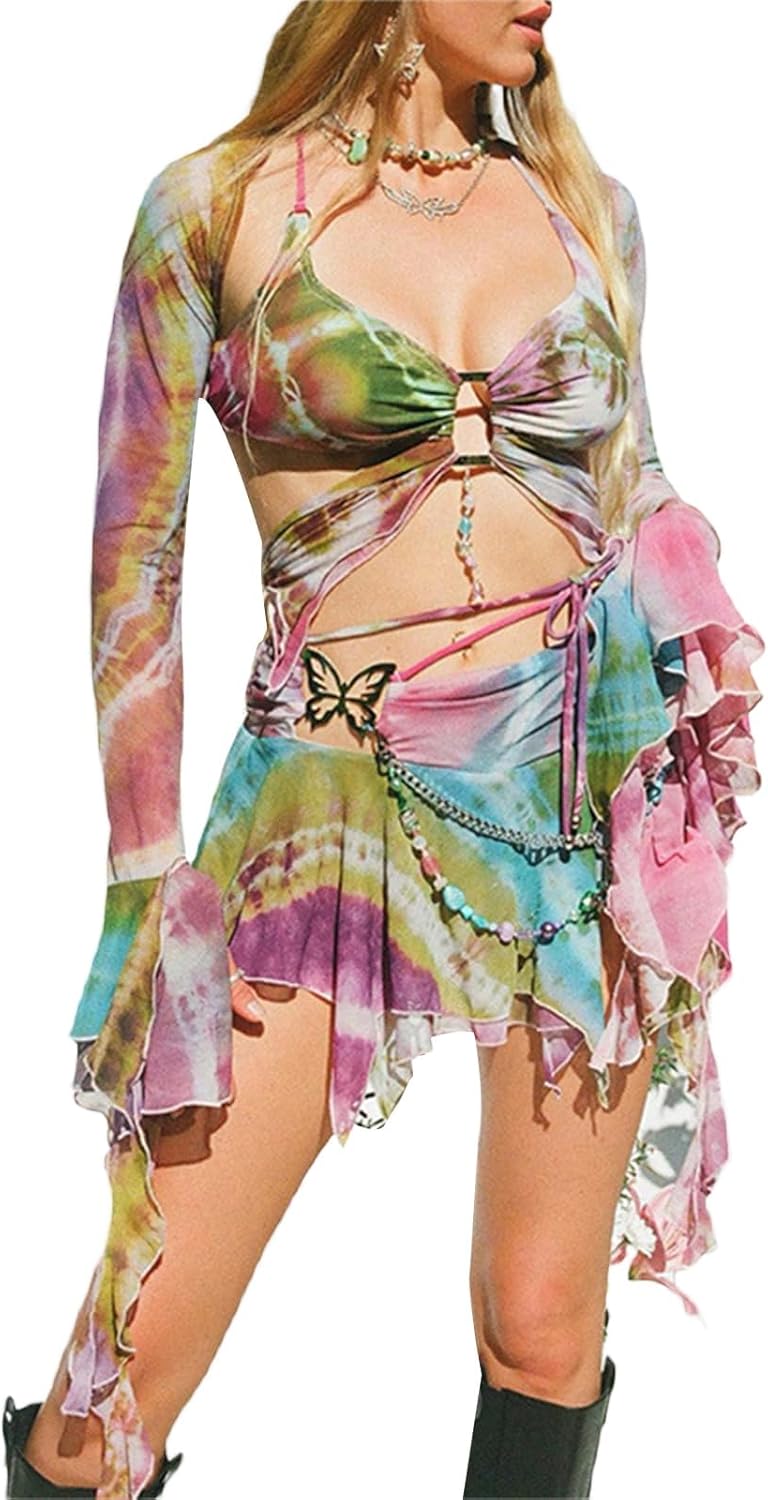 CAPE CLIQUE Rave Outfits for Womens Festival 2 Piece Skirt Set Summer Butterfly Top Y2K Mini Skirt Fairycore Beach Club
