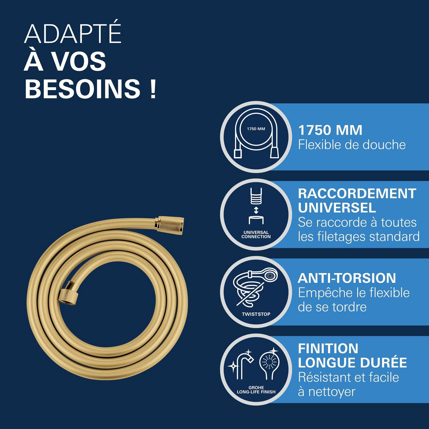 GROHE Flexible de douche salle de bains, Silverflex TwistStop, tuyau de douche 1750mm, anti-pliures, finition couleur dorée, raccord fileté universel 1/2", 28388GL0