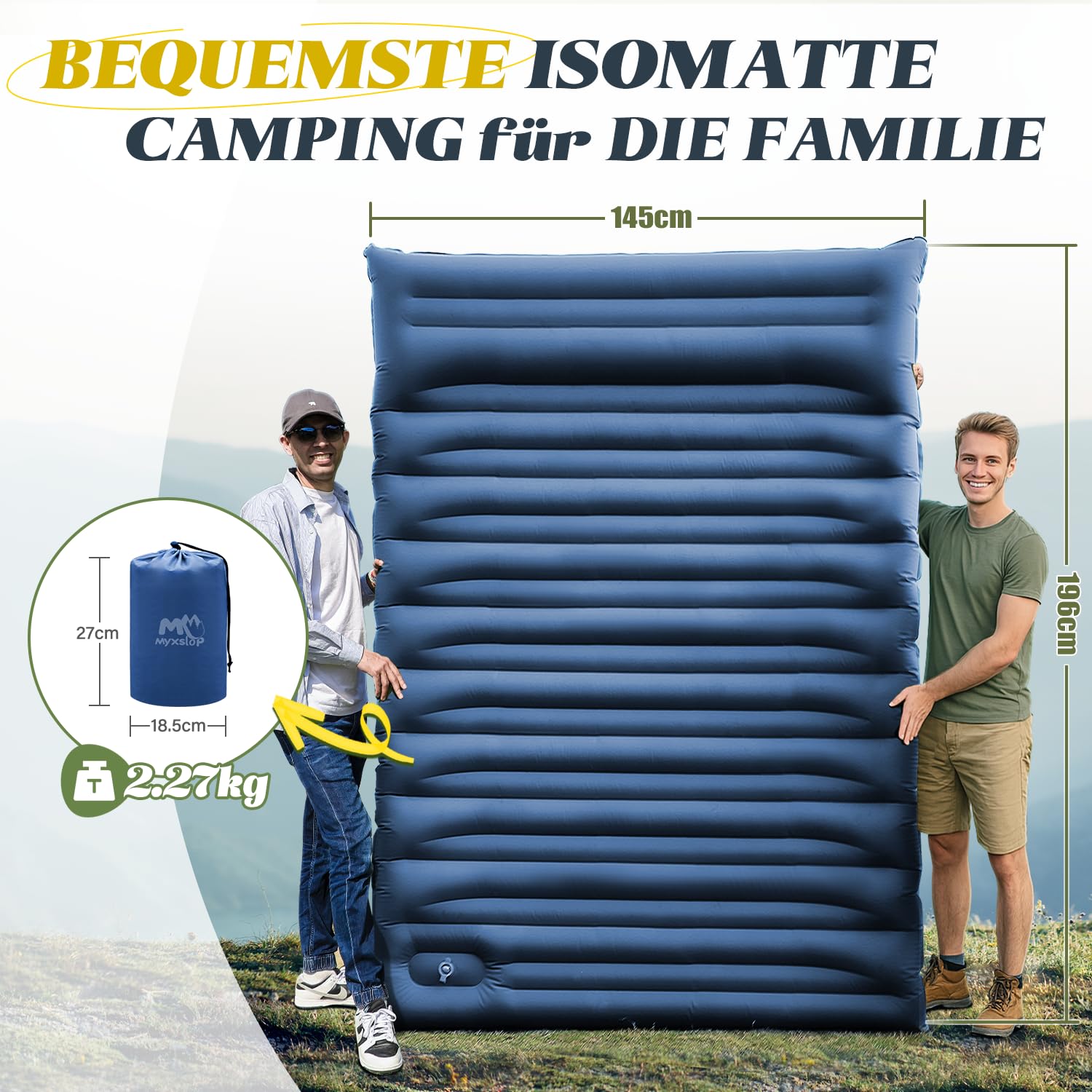 Myxslop Materassino da campeggio per 2 persone, gonfiabile, 12 cm, ultraleggero, materassino ad aria, gonfiabile, piccolo ingombro con pompa a pedale per tenda, zaino, escursionismo e campeggio