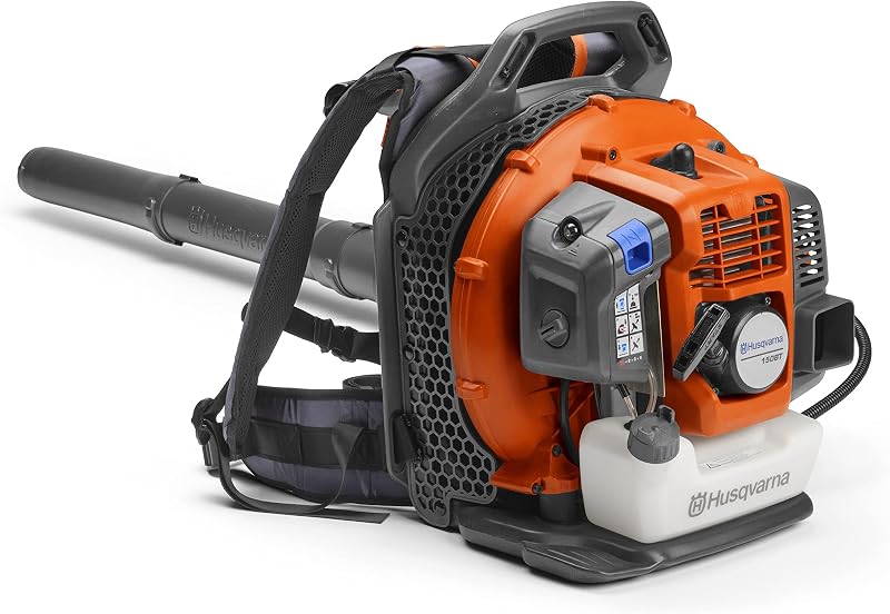 Soplador de hojas a gas Husqvarna 150BT, soplador de hojas tipo mochila de 2 ciclos, 51 cc, 2,16 HP, 765 CFM, 270 MPH, 22 N, potente rendimiento de limpieza y sistema de arnés ergonómico, regalos para hombres, 970466901