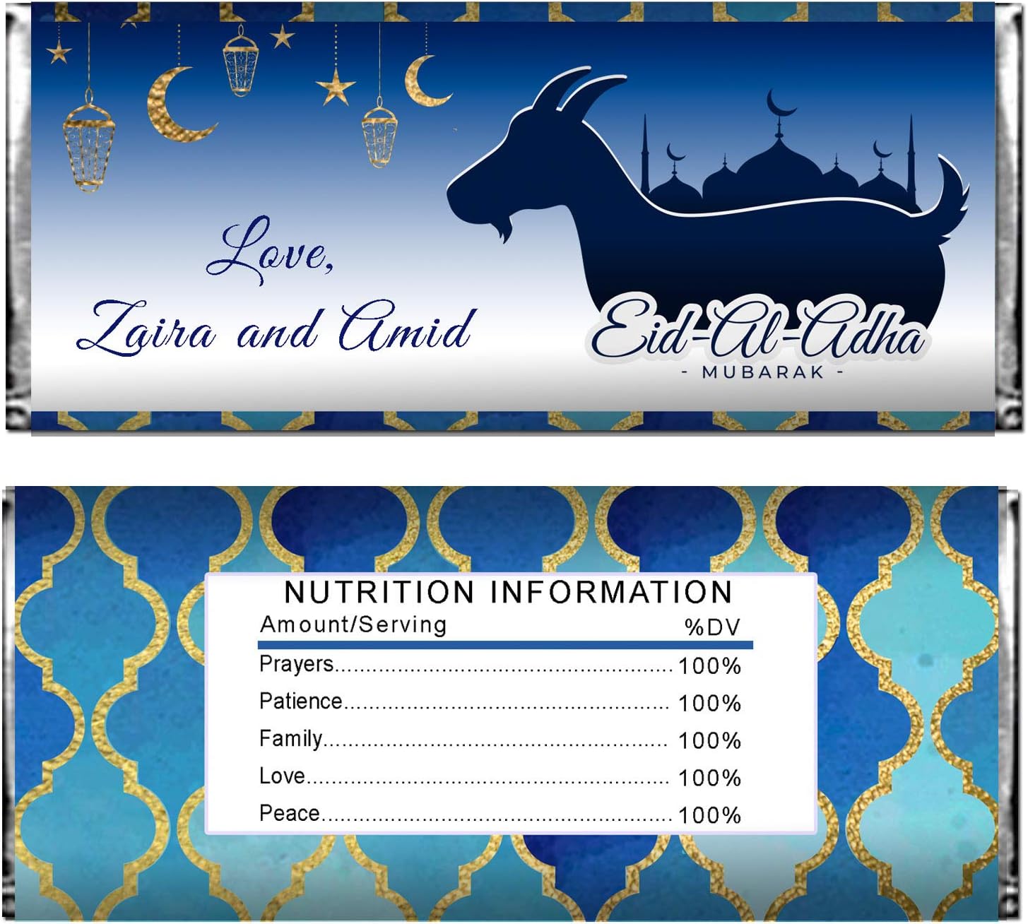 30 candy bar labels eid al adha mubarak blue gold