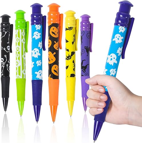 Shemira Recuerdos de fiesta de Halloween para niños, 24 bolígrafos jumbo en 6 diseños temáticos surtidos de Halloween para truco o trato, relleno de