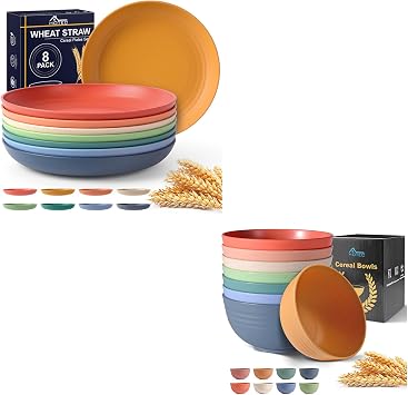 HOTEC 8-Pack 10inch BPA Free Unbreakable Deep Dinner Plates, Wheat Straw Plastic Plates Dishwasher Safe Kitchen Plates Dinnerware Multicolor