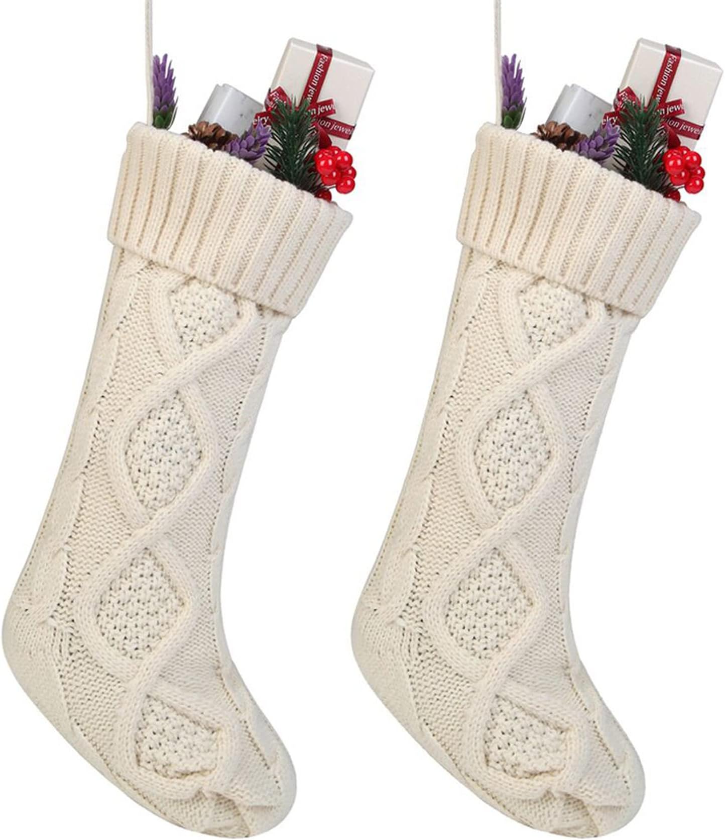 Free YokaFree Yoka Cable Knit Christmas Stockings Kits Solid Color White Ivory Classic Decorations 18", Set of 2