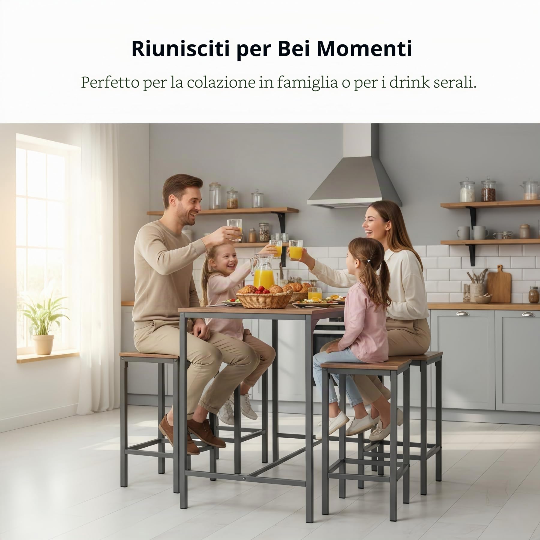 Tavolo Bar con 4 Sgabelli, Set Tavolo Alto Cucina 5 Pezzi, Tavolo da Bar 100 × 60 × 90 cm, Sgabelli 30 × 40 × 65 cm, Struttura in Metallo e MDF, Stile Industriale Vintage(Vinatura del legno vintage)