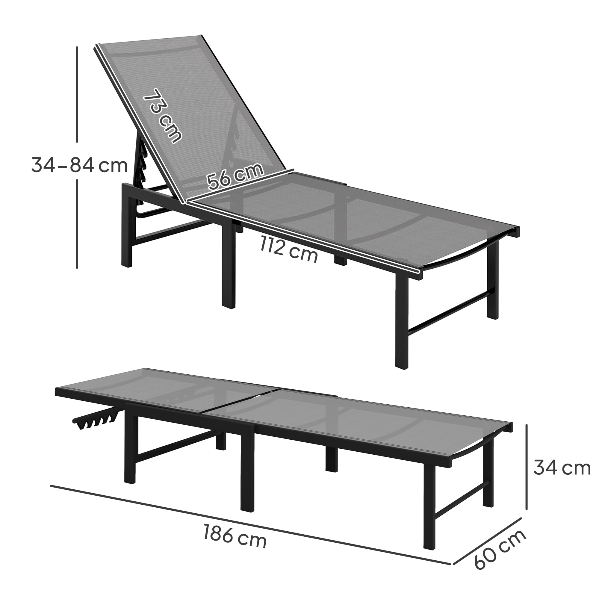 Outsunny Tumbona Jardín Exterior, Tumbona Reclinable con Respaldo Ajustable en 5 Niveles y Estructura de Acero, Impermeable, Carga 120 kg, para Patio, Terraza, Balcón, 166x60x84 cm, Gris