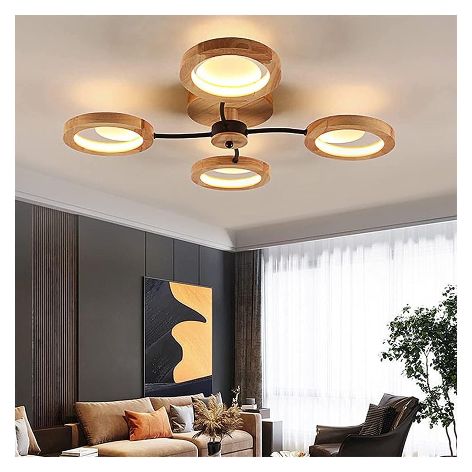 Lustre plafonnier bois massif LED télécommande éclairage séjour - 8