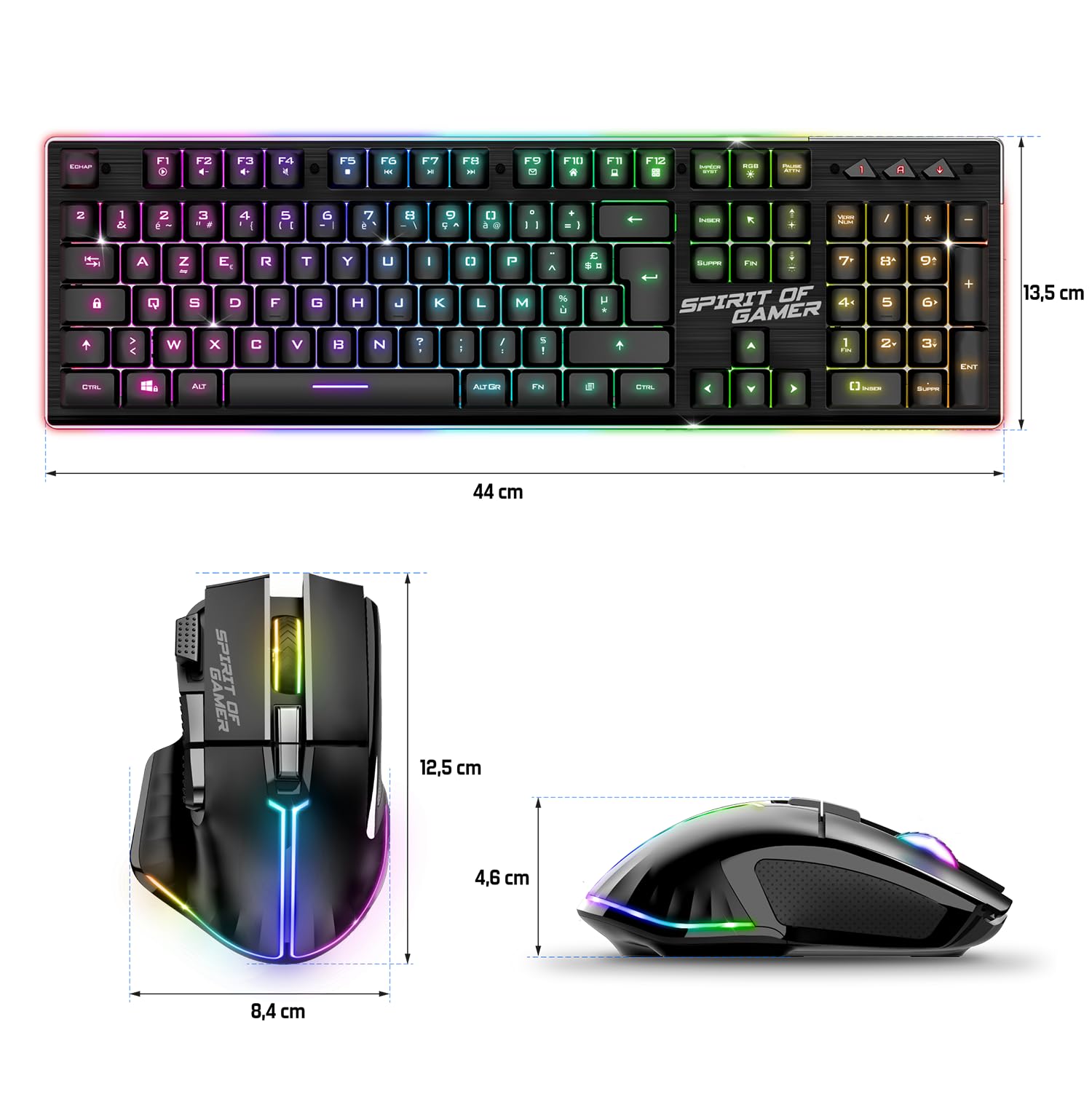 Spirit of Gamer, Pack Clavier Souris sans Fil Gamer Rechargeable RGB, Structure Aluminium, AZERTY FR Rétroéclairé, Gaming Keyboard Semi Mécanique, Wireless Mouse 4800 DPI, PS4/PS5, PC, Xbox, Noir