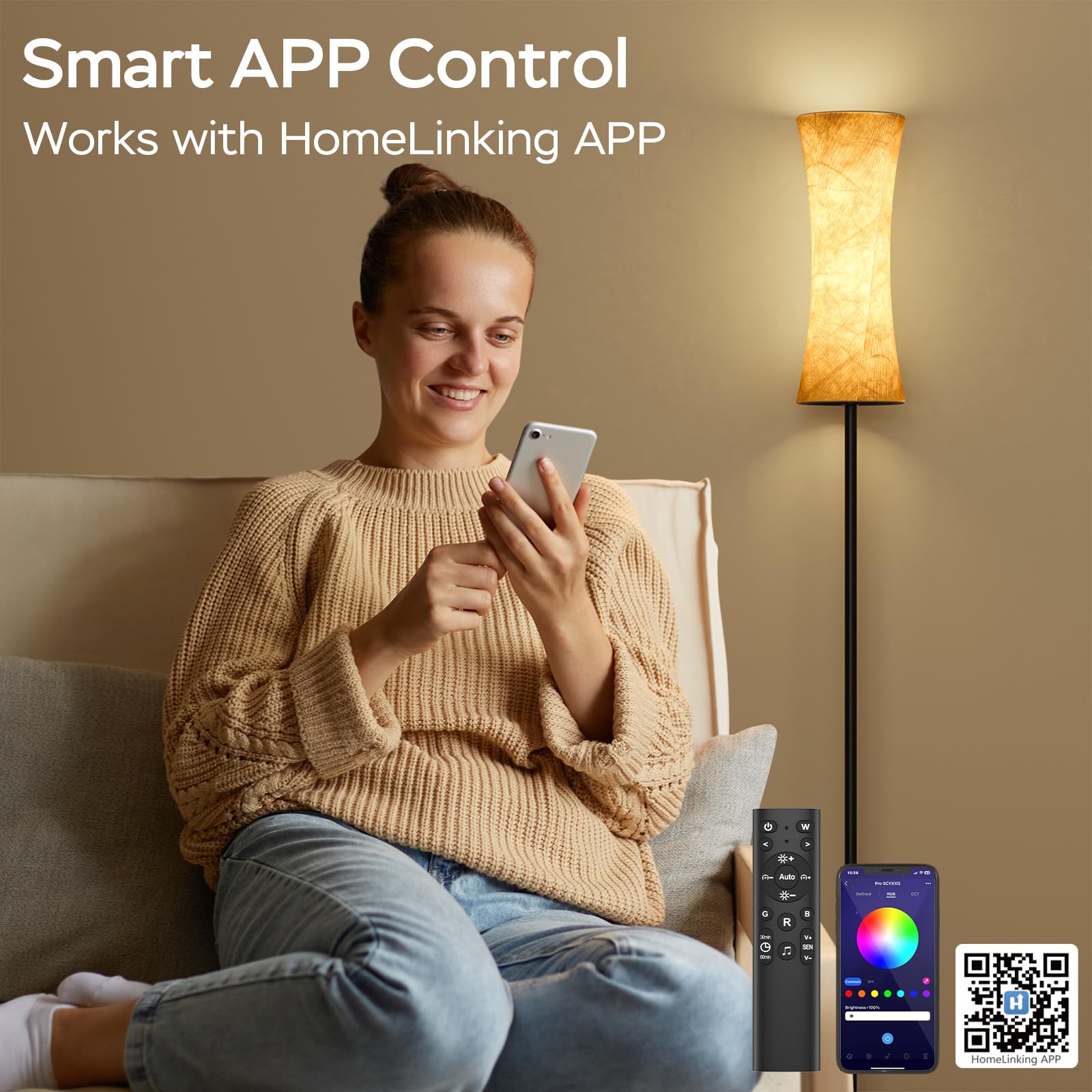 Amedelne RGBW - Lámpara de pie moderna inteligente de 12 W con mando a distancia, de tela, luz ambiental para fiestas, sala de juegos, cámara de círculo, RGBW