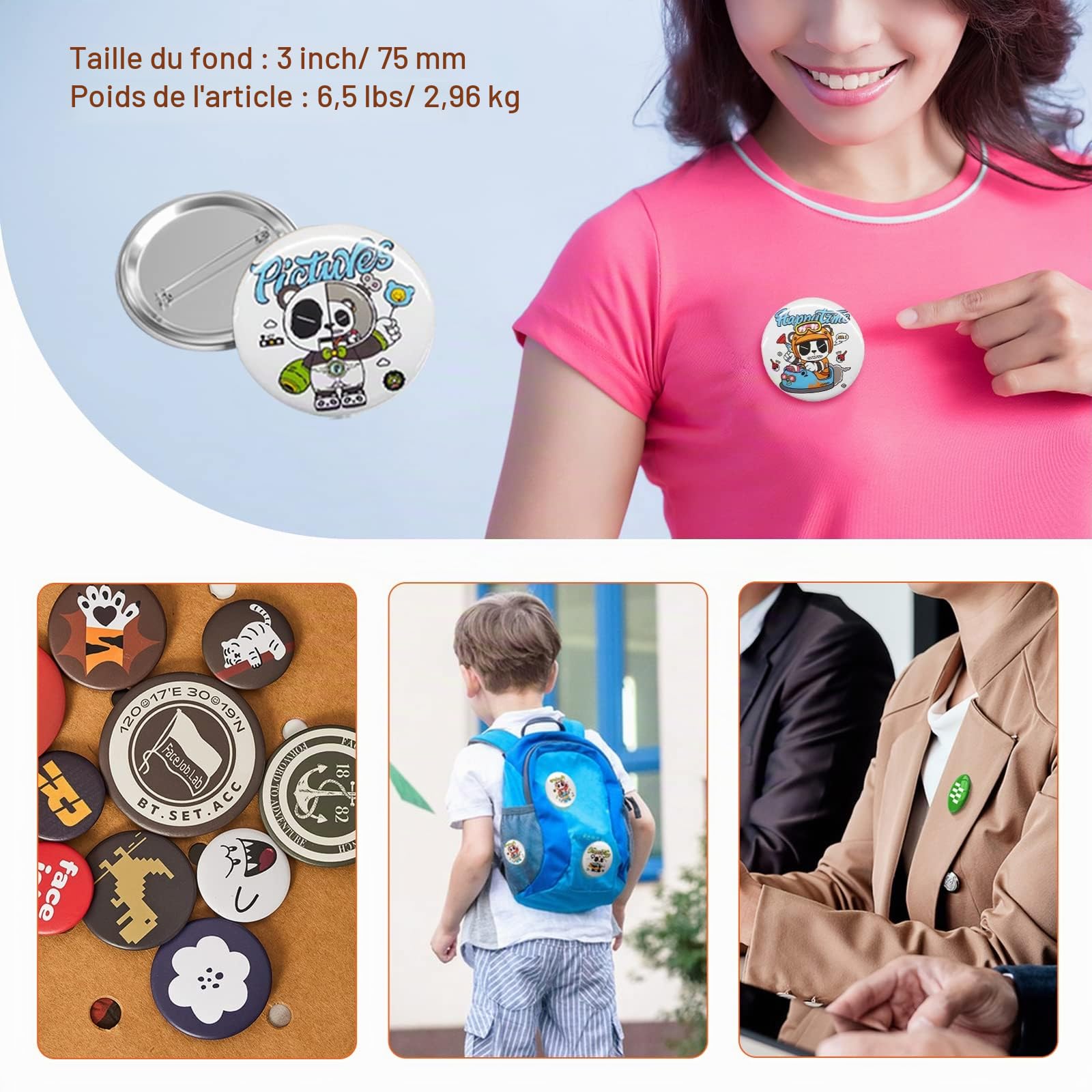 VEVOR Badge Personnalisé 75 mm 200 Kits de Consommables Badges à Épingles Fournitures pour la Fabrication de Badge Rond avec Couvercle Fond Plastique Métallique Papier Film Machine à Badges Bricolage