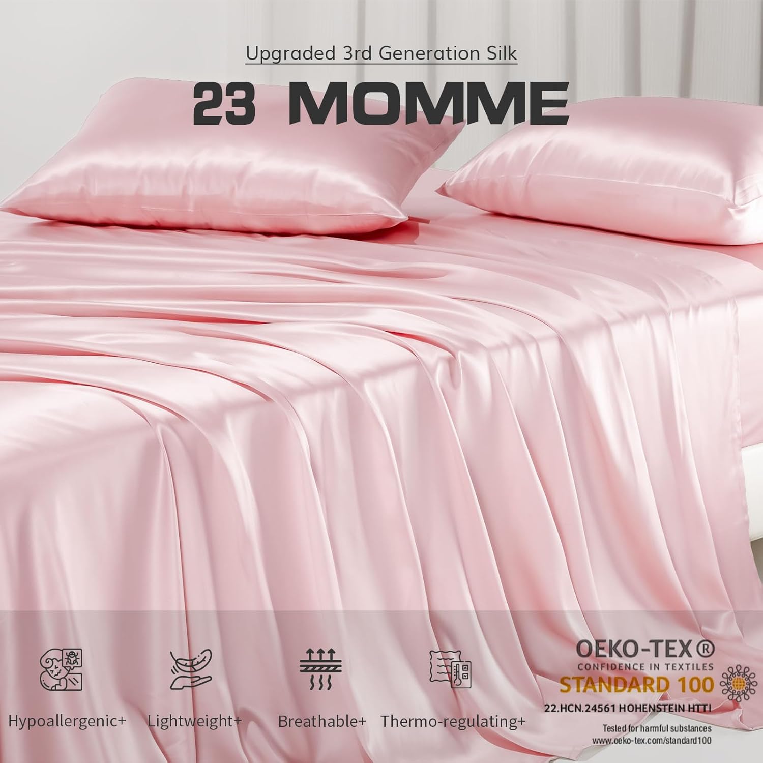 PROMEED 23 Momme Mulberry Silk Flat Sheet Full Size, 6A+ Silk Top Sheet 1pc, 1400TC, Soft Cooling Sheets for Hot Sleepers (Pink, Full)