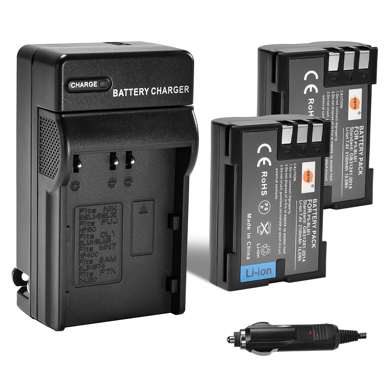 DSTE 2pcs PS-BLM-1 BLM-1 Battery + Travel and Car Charger Adapter DC11 Compatible with Olympus Evolt E-300 E-330 E-500 E-510 C-5060 C-7070 C-8080 E-1