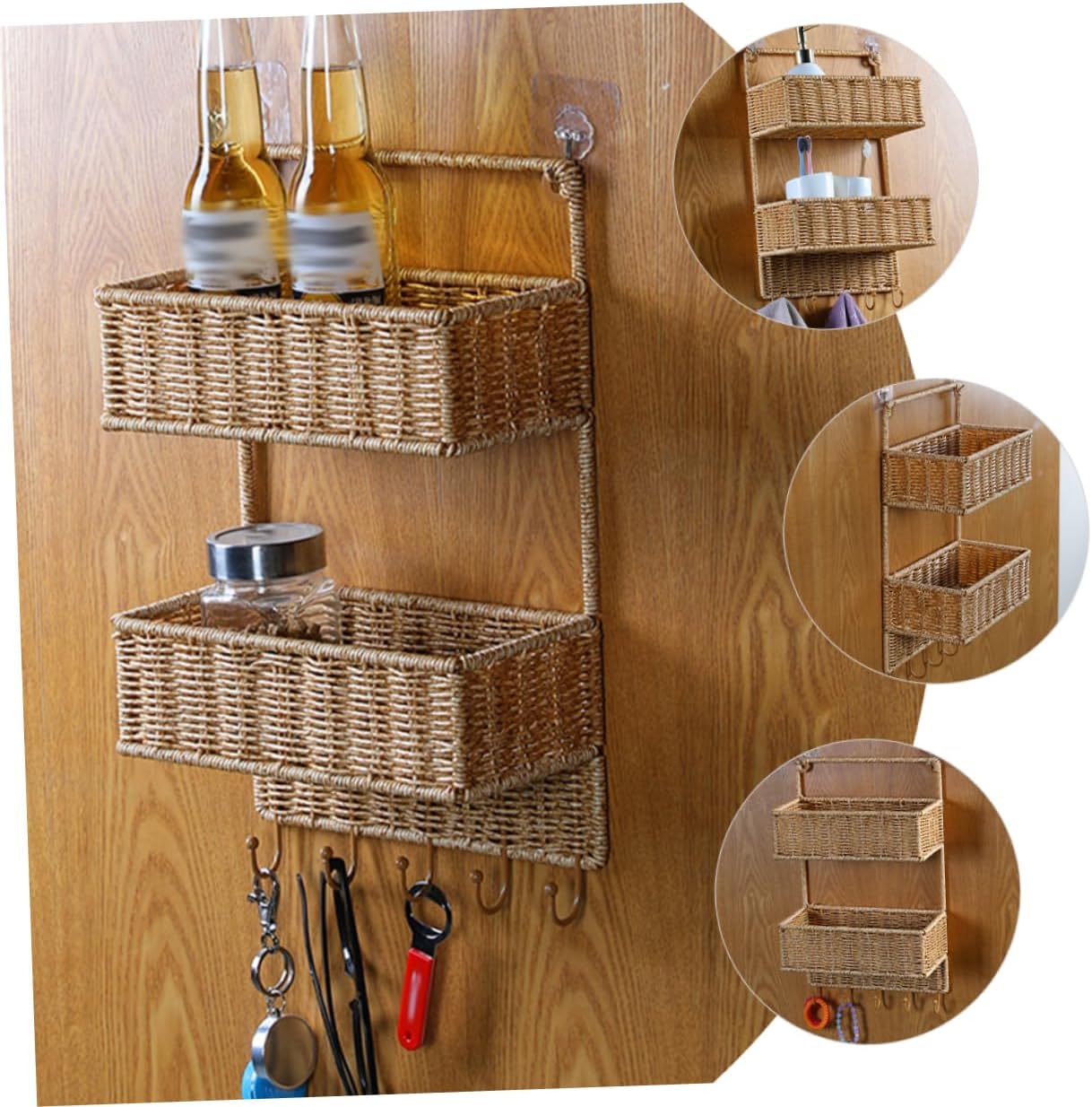 Housoutil Woven Rattan Hanging Fruit Basket Multi-tiered Wall-mounted Storage Organizer Hooks for Kitchen and Bathroom Space-saving Design for Fruits and Essentials