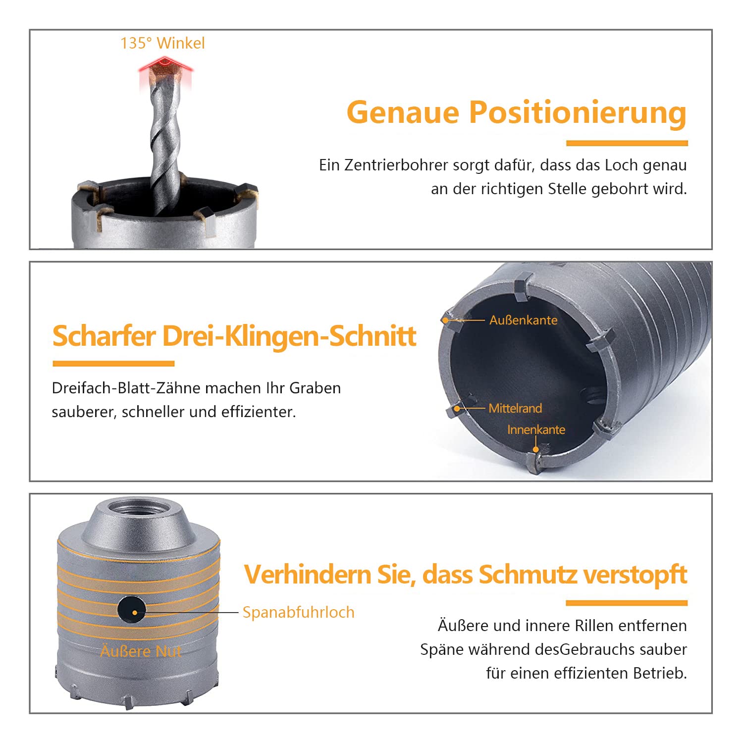 Beton Trocken Bohrkronen Set 6 Stück Ø 30 40 50 68 mm Kernbohrer mit 320 mm Rundgriff SDS Plus Schaft Hohlbohrkrone Set für Betonziegel Zement Steinwand Klimaanlage Mauerwerk Fliese