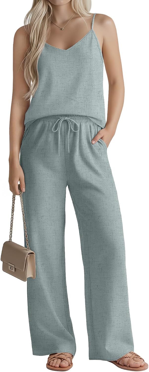 Womens Linen Sets 2 Piece Outfits Summer Camisole Tank Top with Drawstring Wide Leg Pants Casual Beach Vacation Set