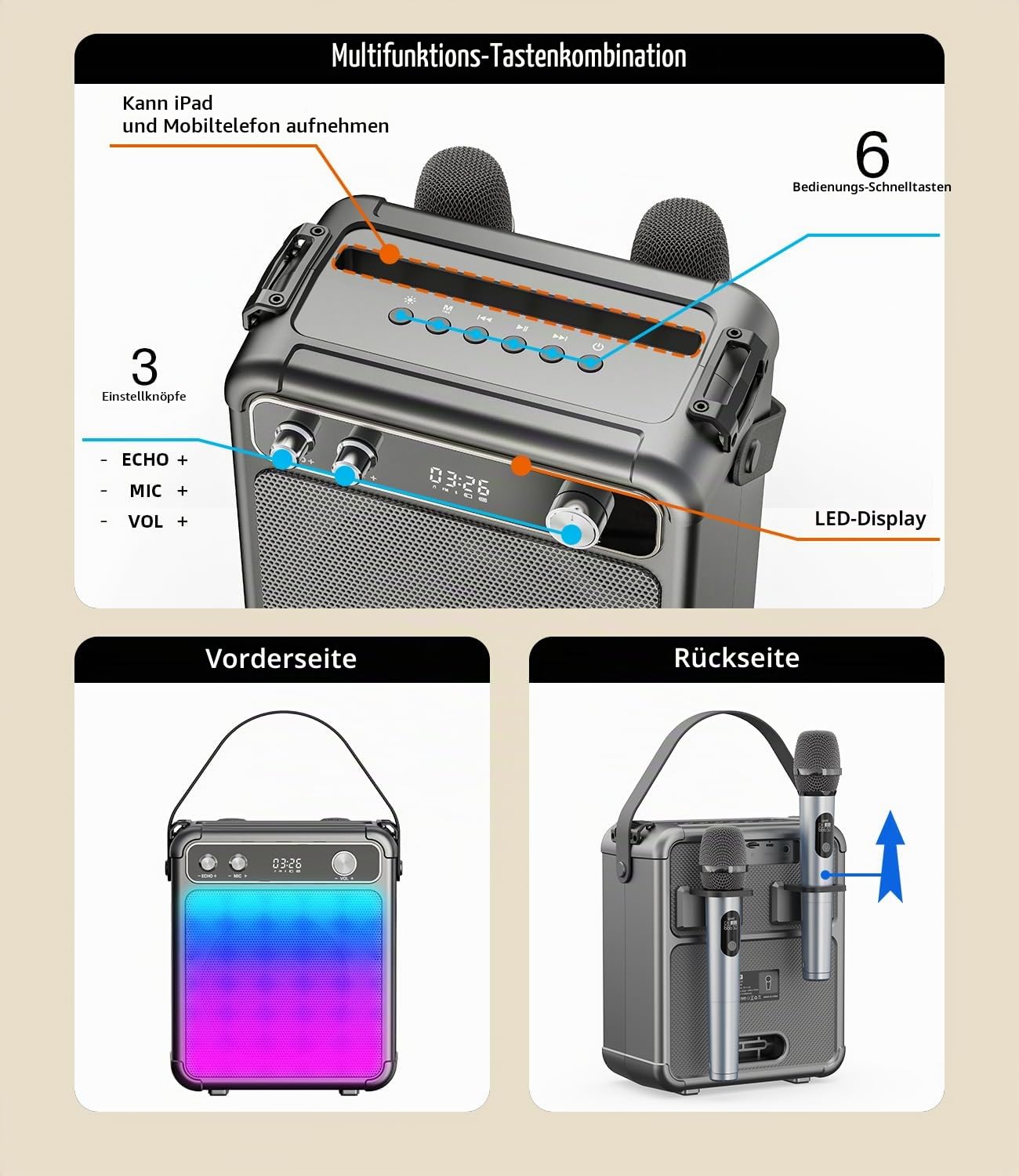 Karaoke Maschine mit 2 Mikrofonen, tragbarer Bluetooth Karaoke System mit LED Lichtern, Stereo TWS, unterstützt USB/TF/AUX, ideal für Home Partys und als Geschenk für Erwachsene und Kinder