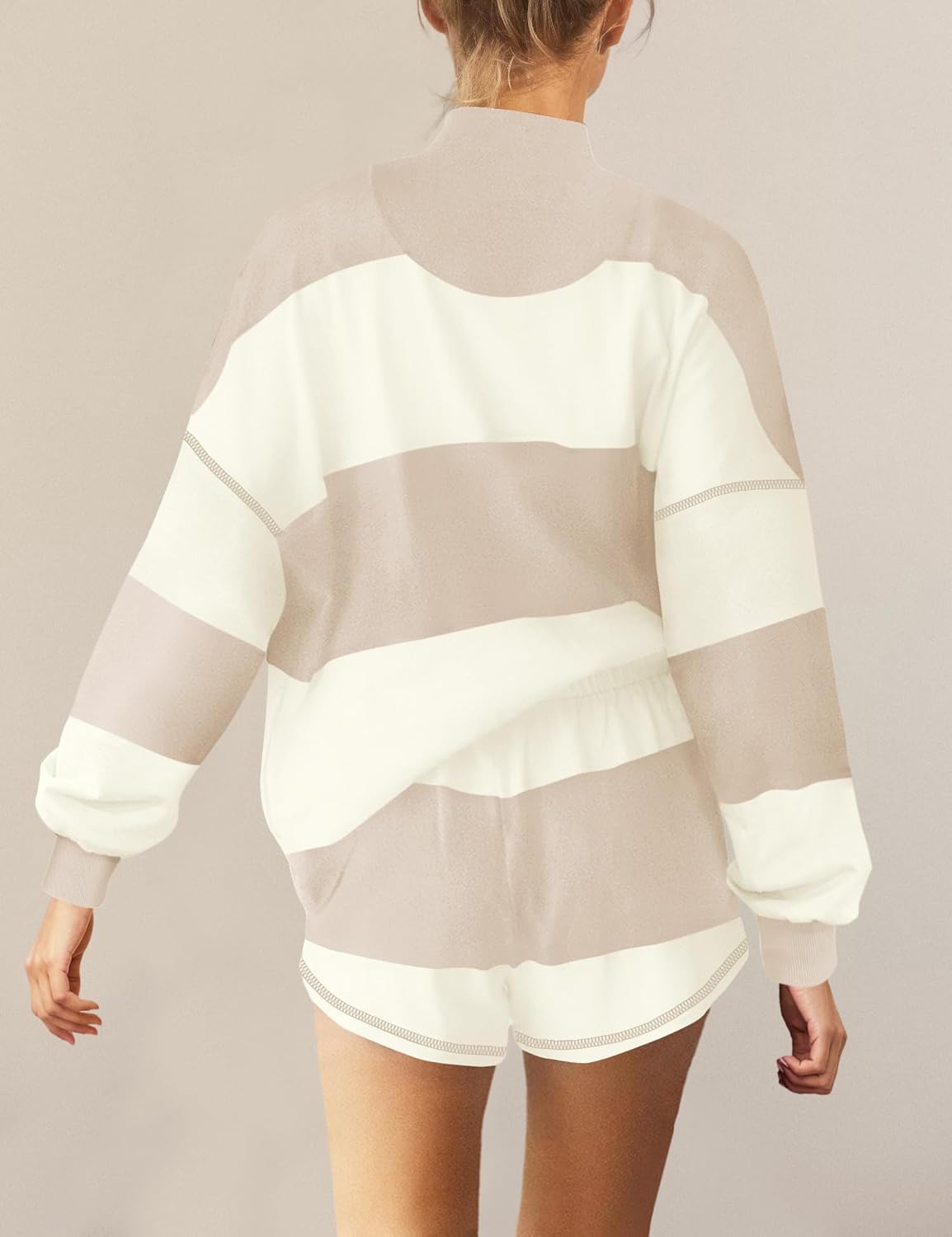 Panadila Womens Striped Workout Set Two Piece Outfits Oversized Lounge Set Long Sleeve Tops and Shorts with Pockets - Image 3