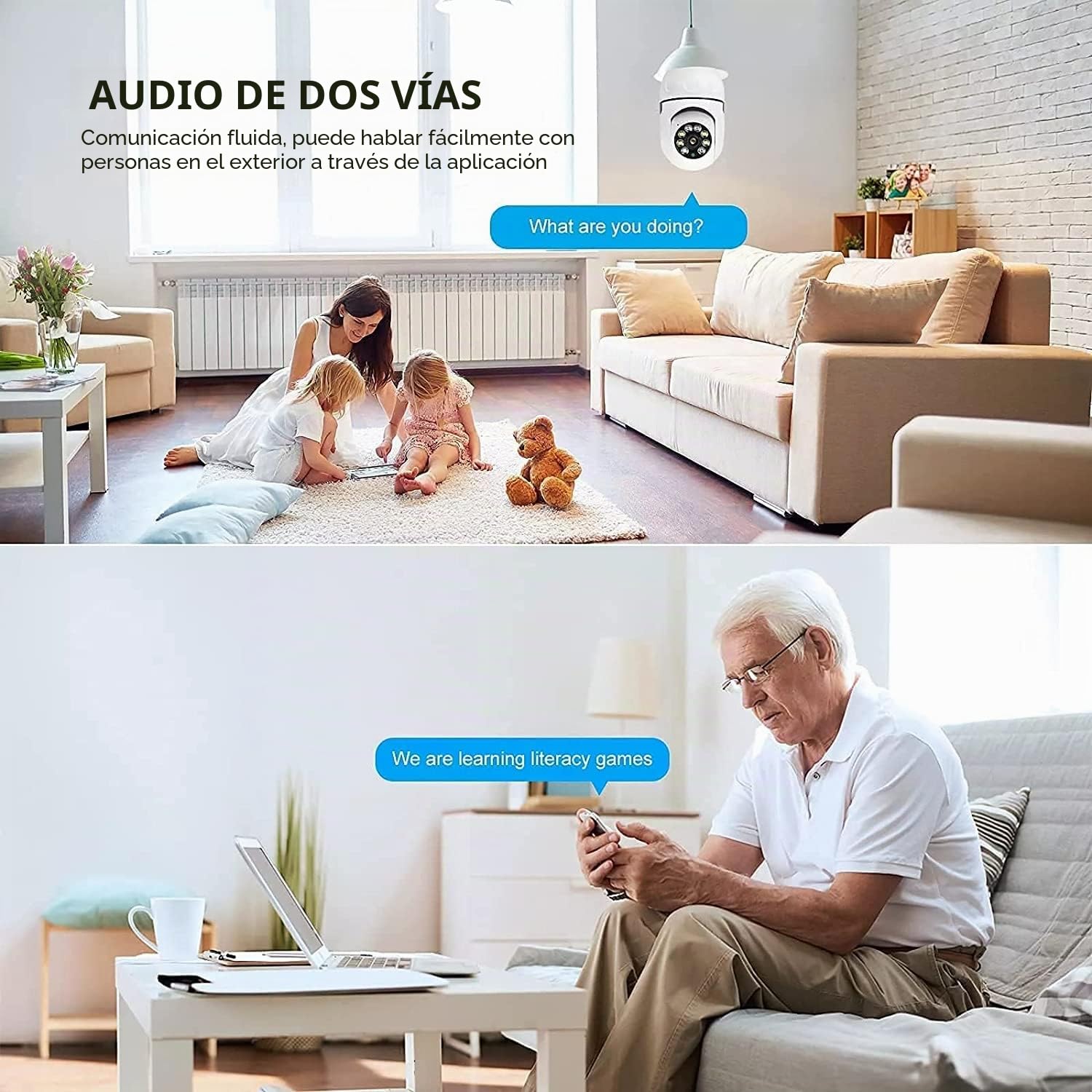 2 Piezas Cámara de Bombilla, Cámara de Bombilla 360 Grados WiFi al Aire Libre con Visión Nocturna, Cámara De Vigilancia Guardcam, Seguimiento Automático, Audio Bidireccional, Detección de Movimiento